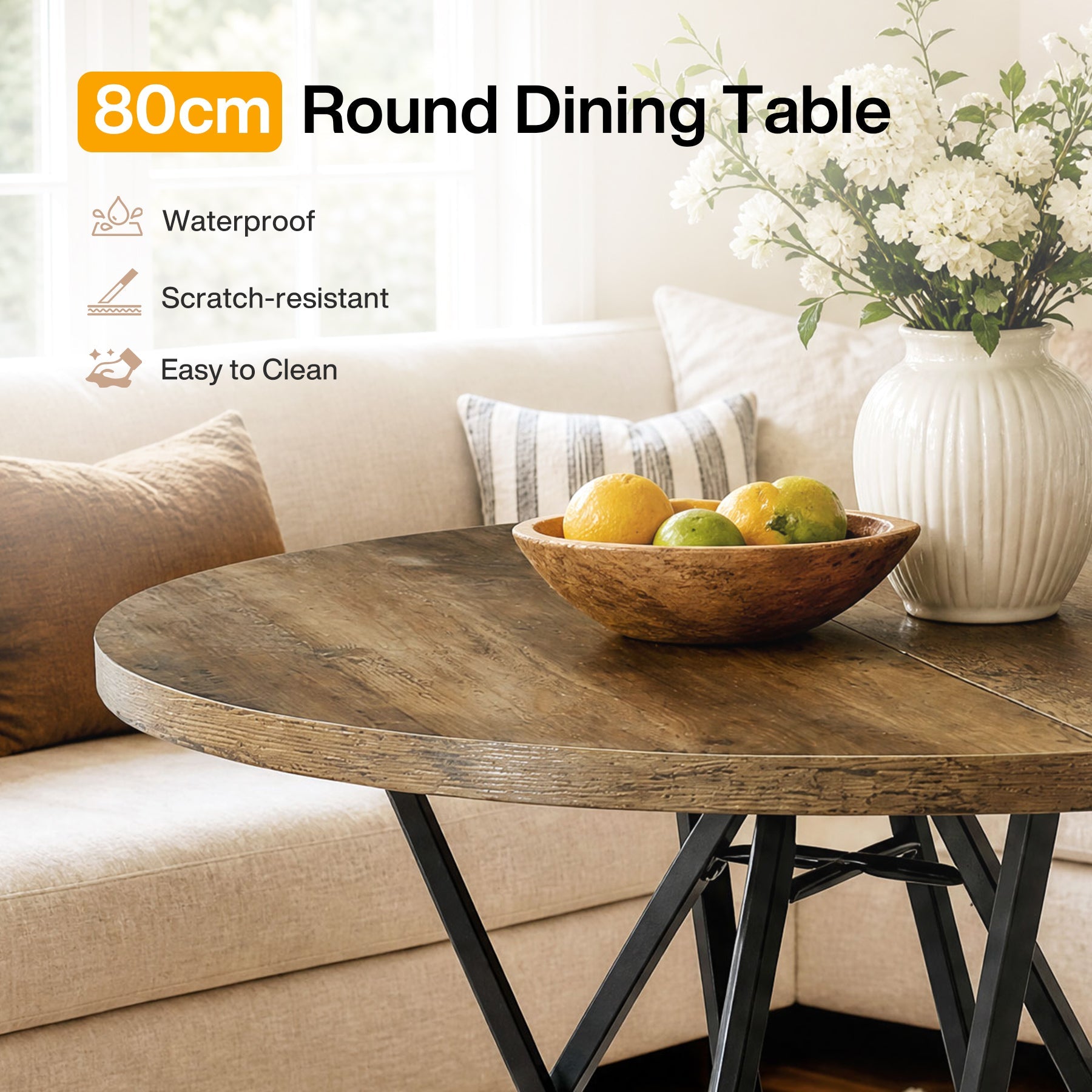 Tribesigns Ronde eettafel 80 cm voor 2–4 personen, kleine keukentafel met geometrisch metalen frame