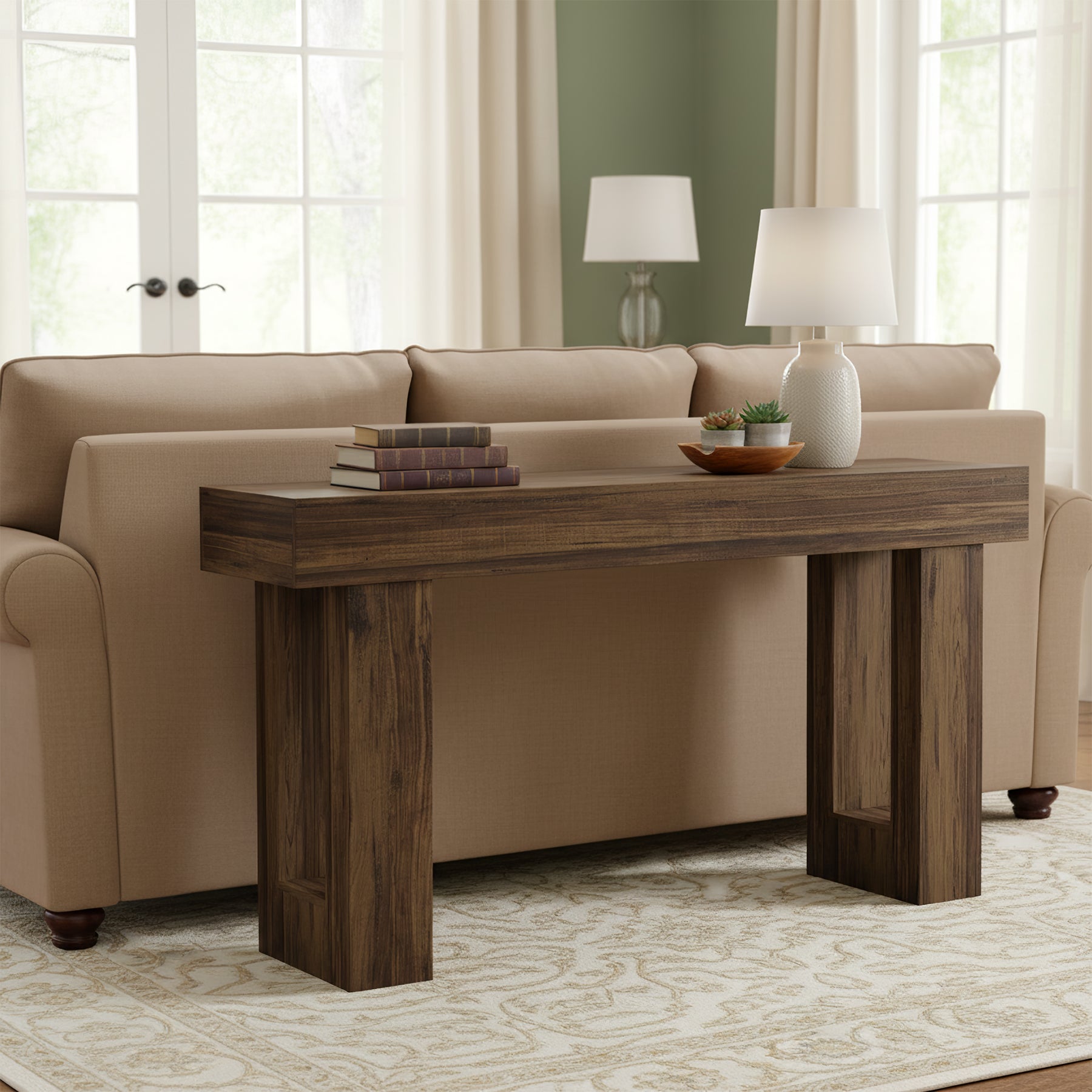 160 cm Landelijke Consoletafel met Massief Houten Poten, Houten Sofa-tafel voor Hal en Woonkamer