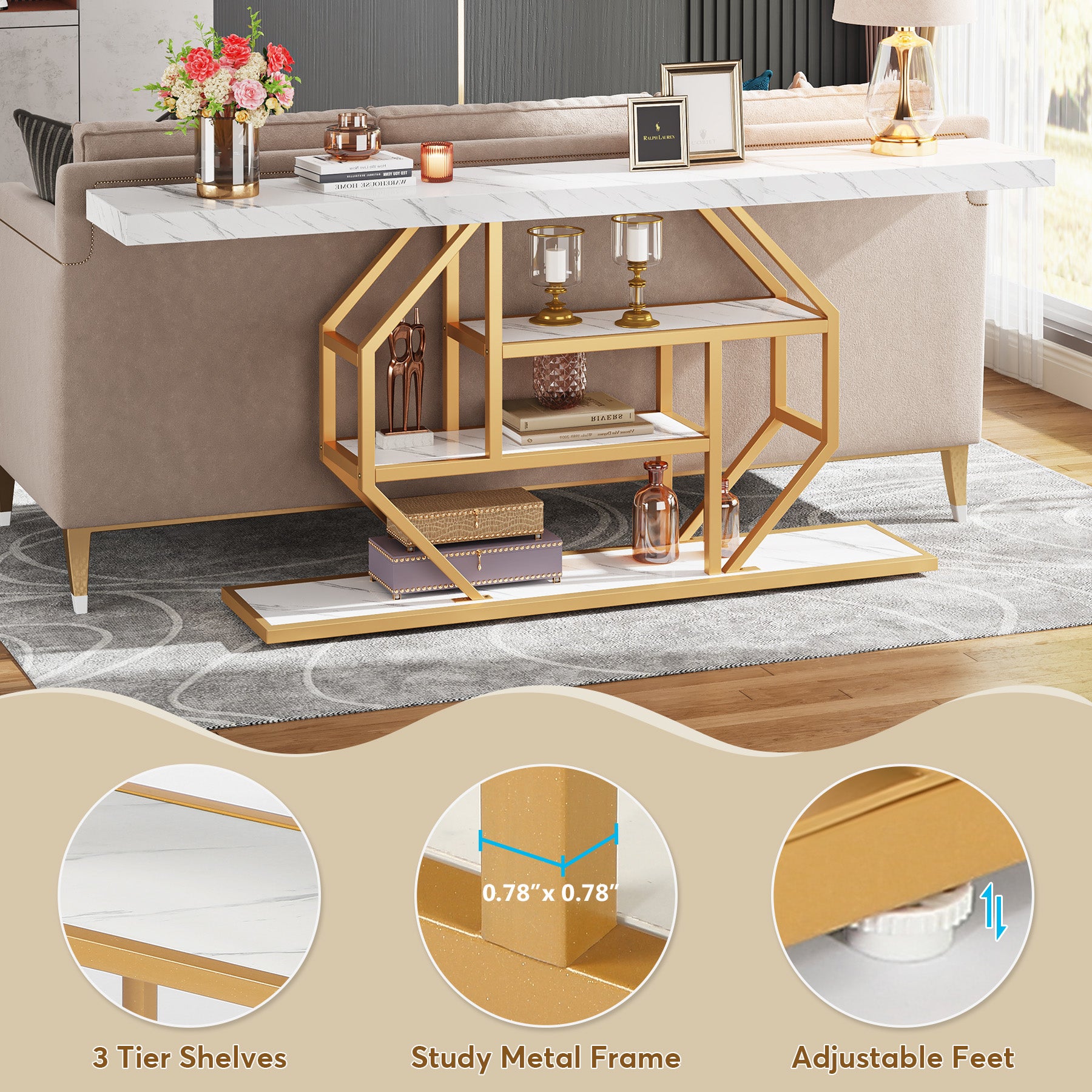 Tribesigns 180 cm Extra Lange Consoletafel, Moderne Gouden Salontafel met Opslag voor Woonkamer