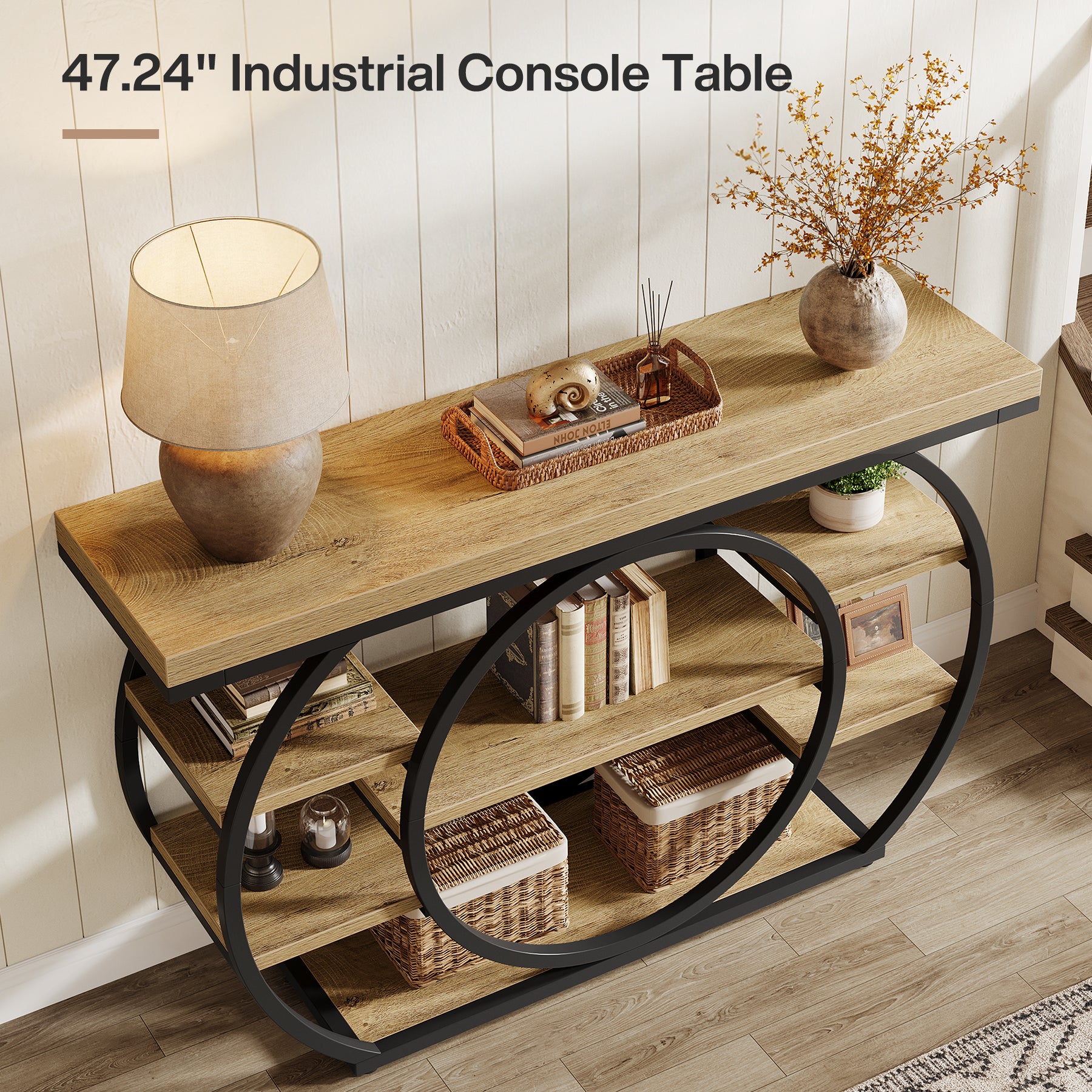 Consoletafel van 120 cm met 5 Lagen in Industrieel Design, Smalle Banktafel voor Woonkamer en Hal in Rustiek Bruin