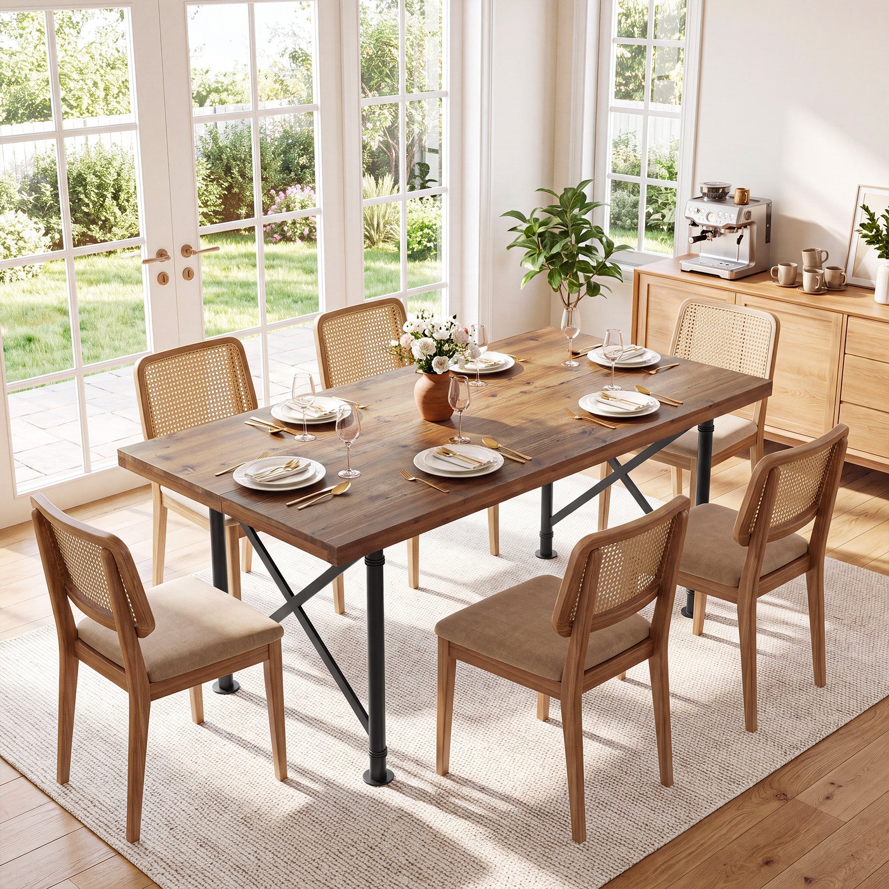 Massief houten eettafel 160 × 80 cm voor 4–6 personen, rechthoekige eettafel met X-vormig metalen frame