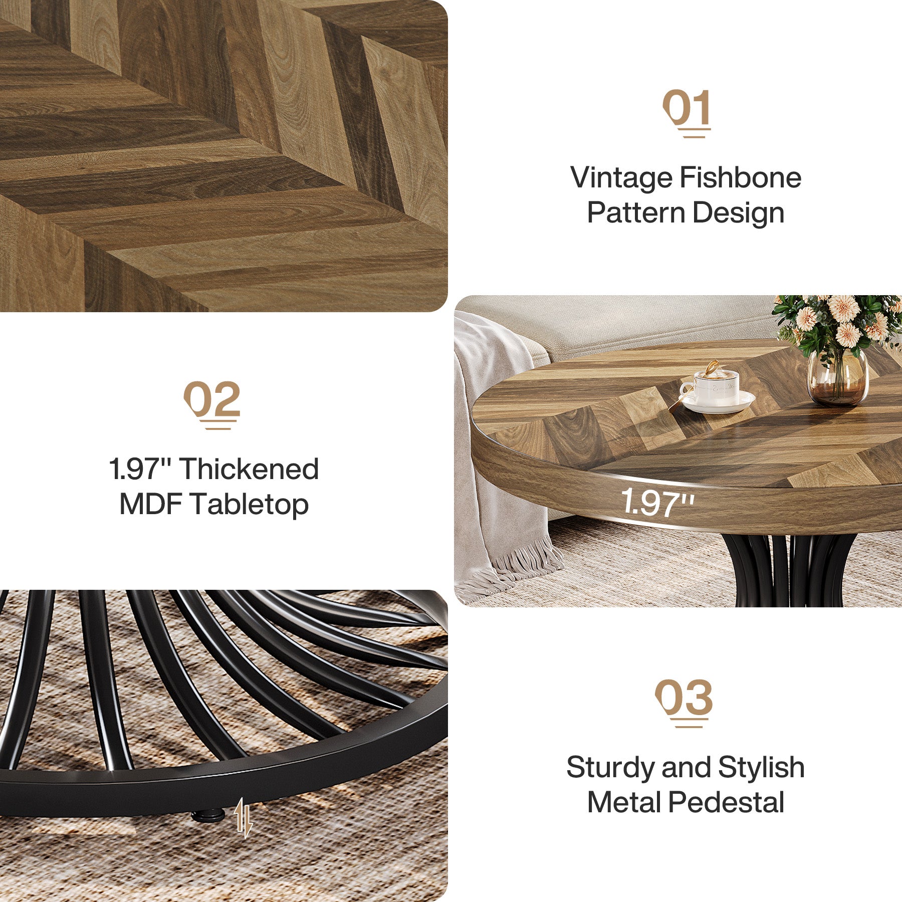 79 cm Ronde Salontafel van Hout, Landelijke Koffietafel met Metalen Sokkel voor Woonkamer