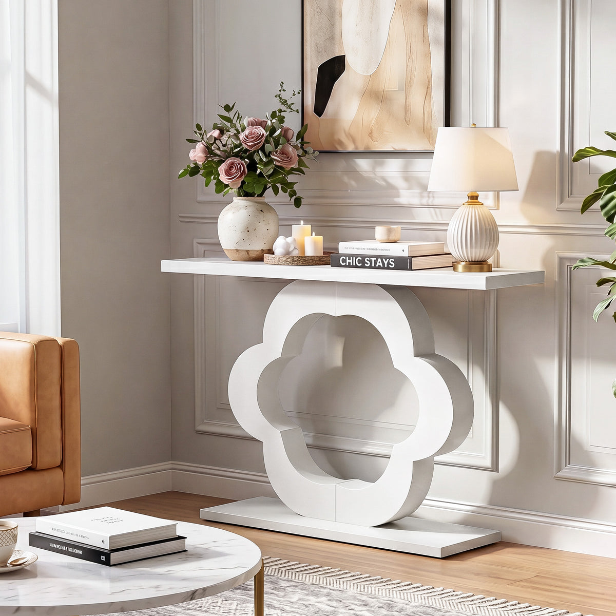 100 cm smalle consoletafel met hoogglans afwerking en modern bloemvormig frame, entree tafel voor hal en woonkamer