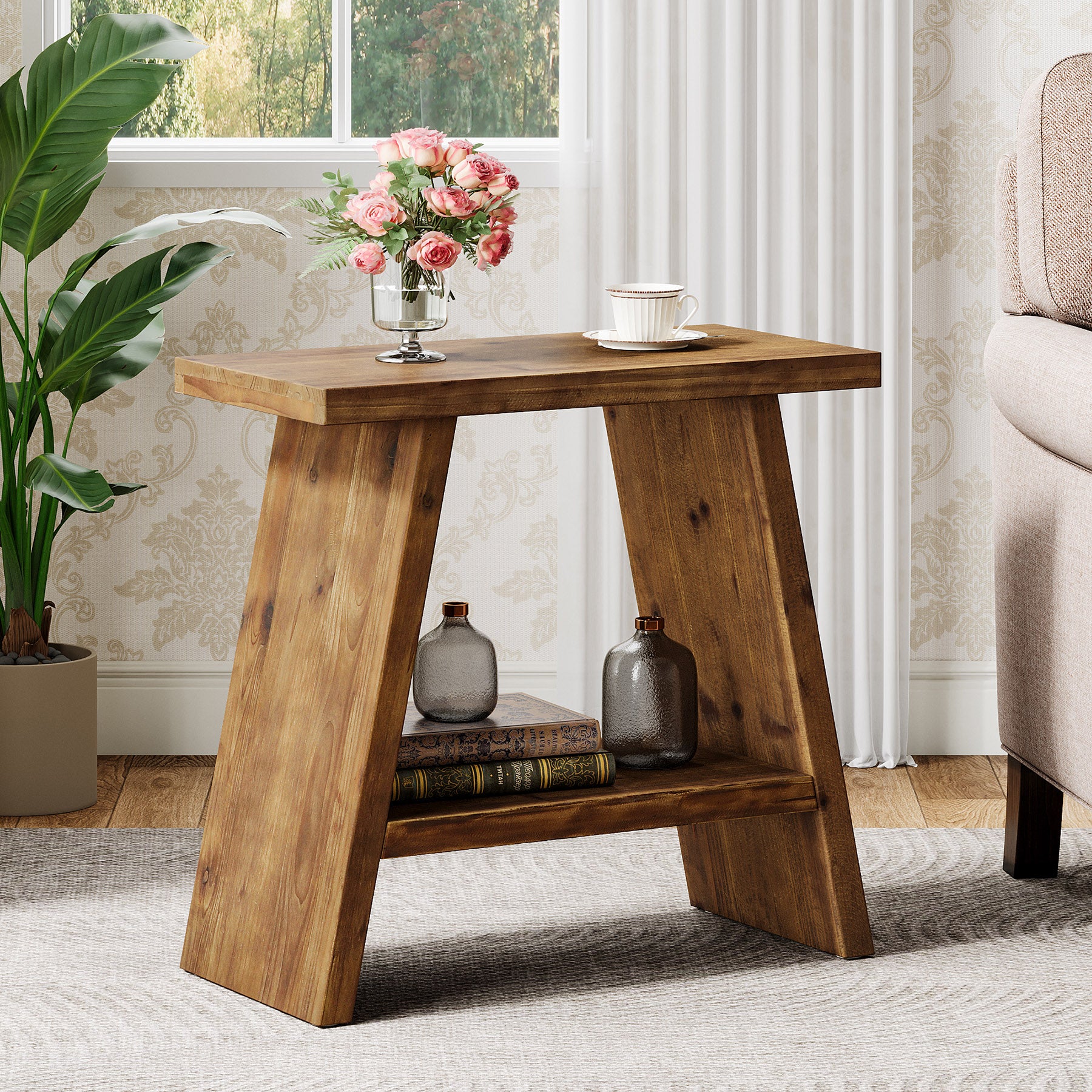 60 x 30 cm Tribesigns smalle bijzettafel van massief hout met 2-laagse opbergruimte