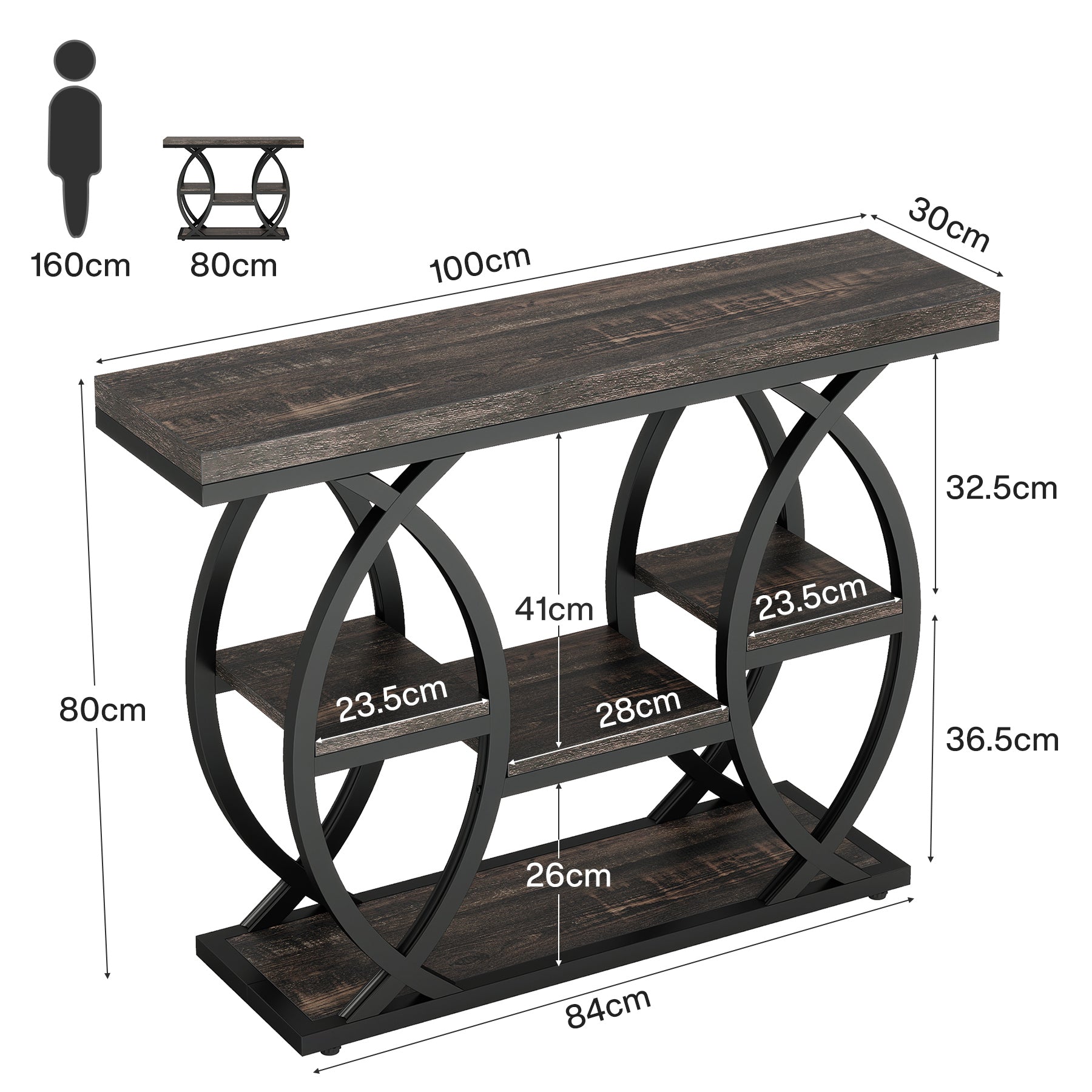 Industrieel Consoletafel 100 cm met 4 Opbergplanken, Smalle Houten Bijzettafel voor hal en Kleine Ruimtes