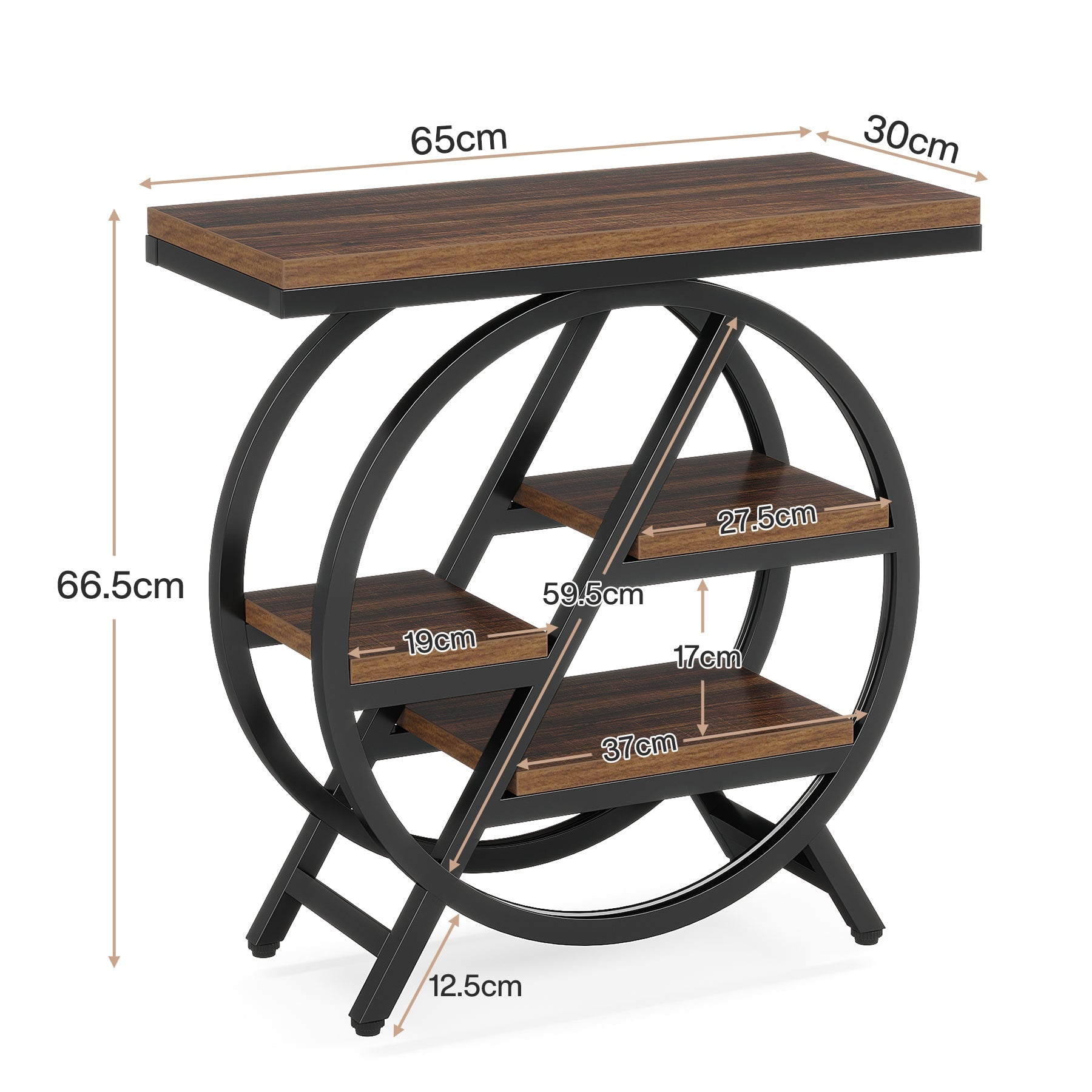 65 cm Drieplanken Bijzettafel, Industriële Houten Tafel met Geometrisch Frame voor Woonkamer