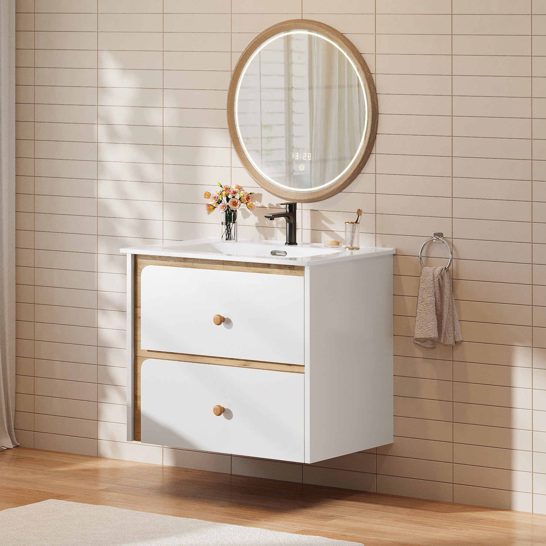 Tribesigns Hangende wastafel met keramieken waskom, Modern badkamermeubel wandgemonteerd met soft-close-deur