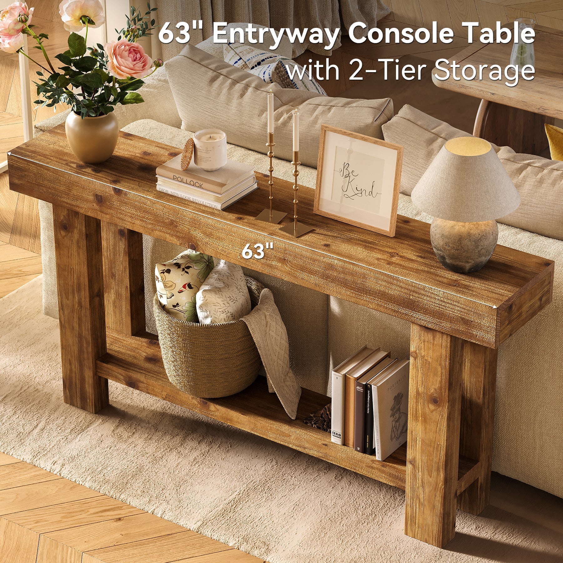 Tribesigns massief houten consoletafel 160 cm, smalle haltafel in landelijke stijl met 2 opbergplanken