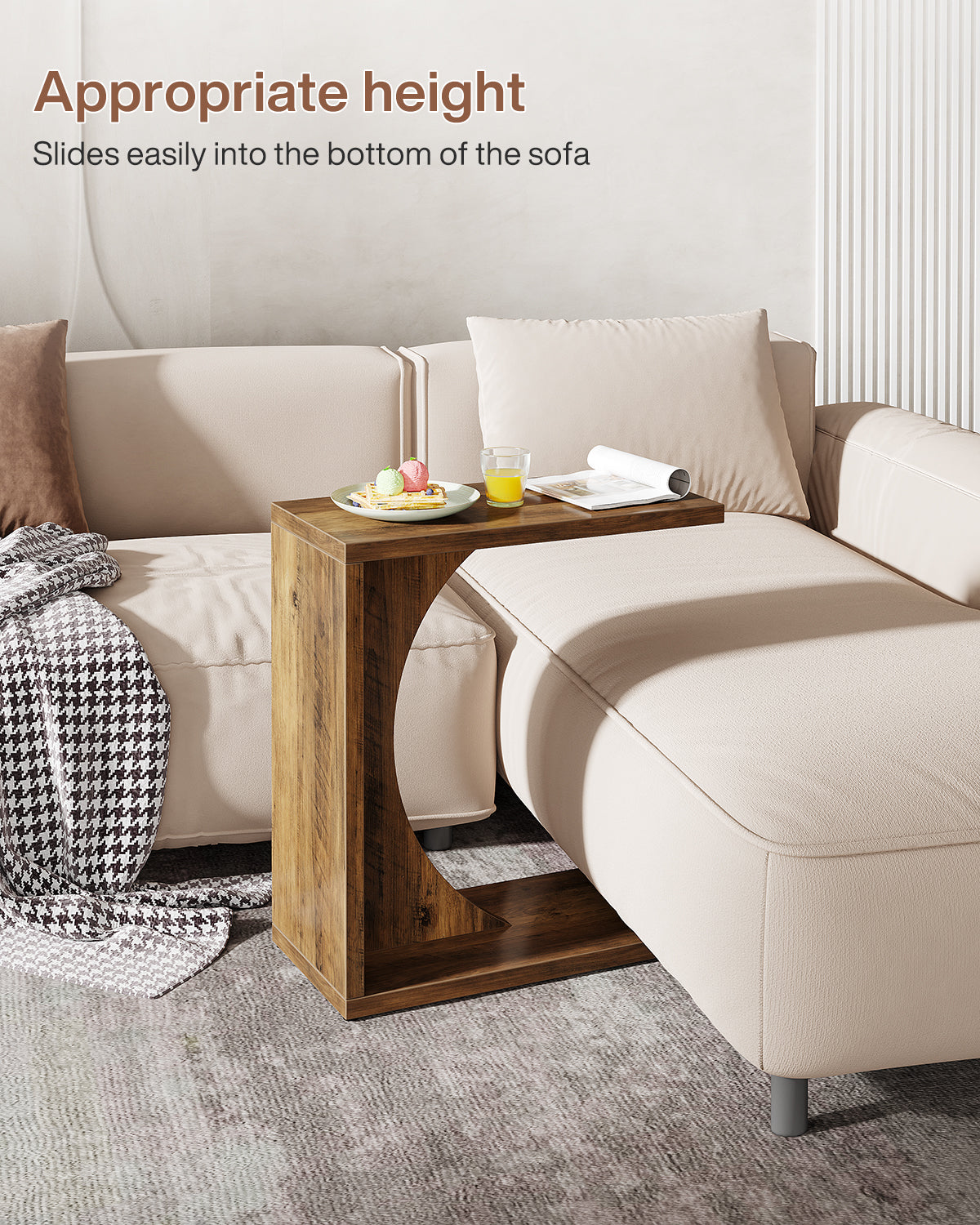 C-vormige Bijzettafel van Hout, Smalle Rustieke Tafel met Dienblad voor Woonkamer