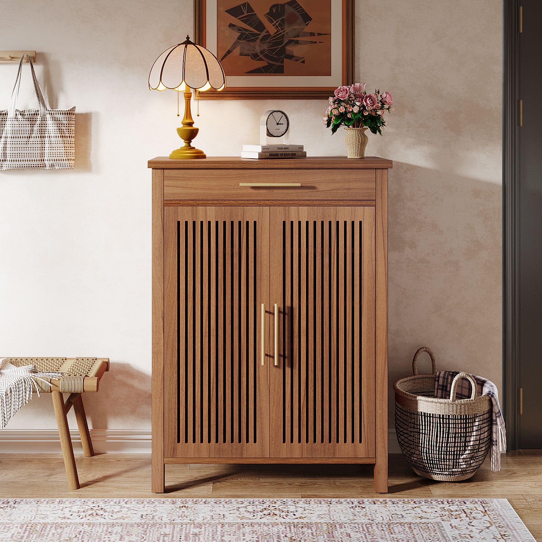 Smal Schoenenmeubel 80 cm, Verstelbare Kast Met 5 Planken En Lamellendeuren