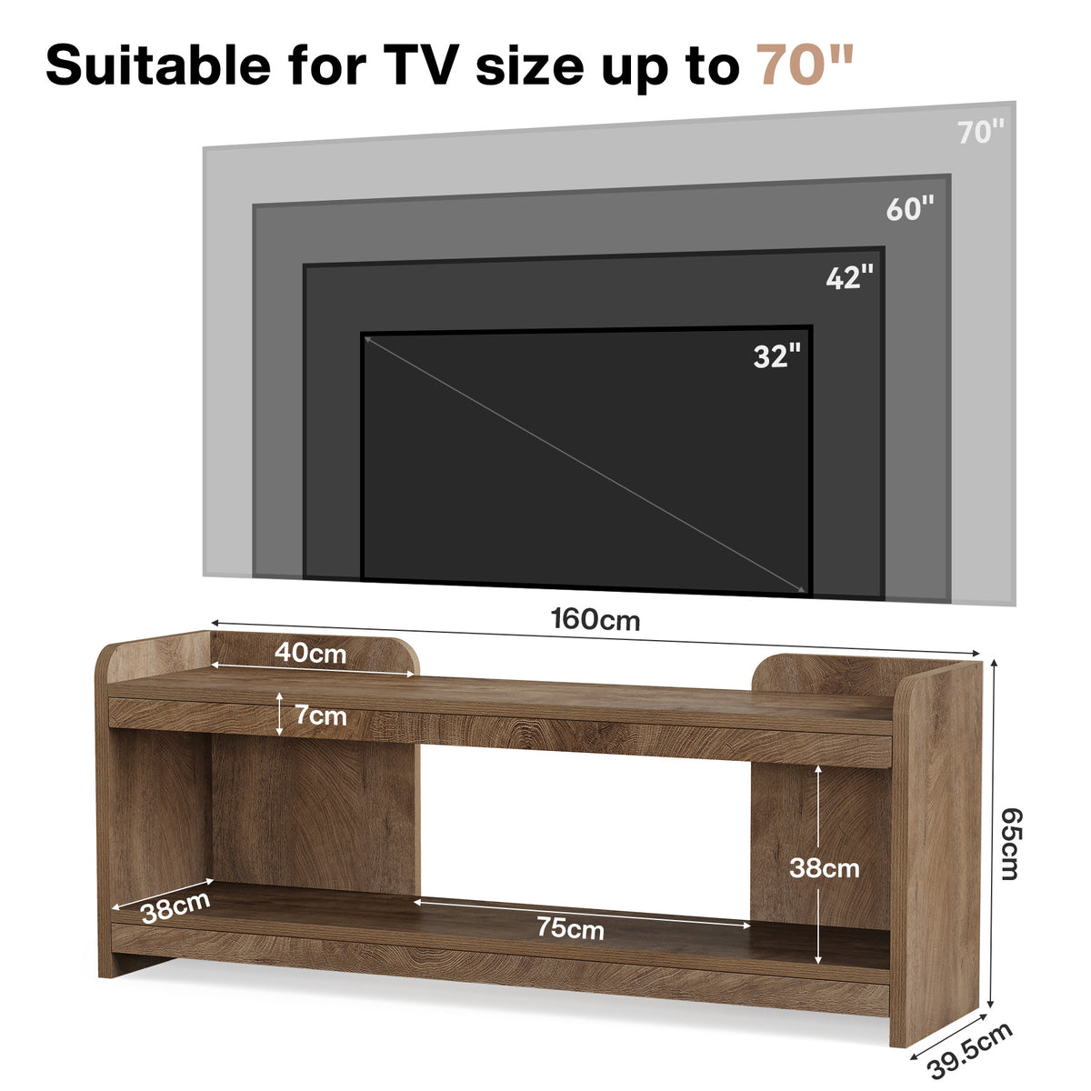 160 cm tv-meubel met 2-laags opbergrek voor 70 inch tv, open tv-kast met kabelbeheer voor woonkamer