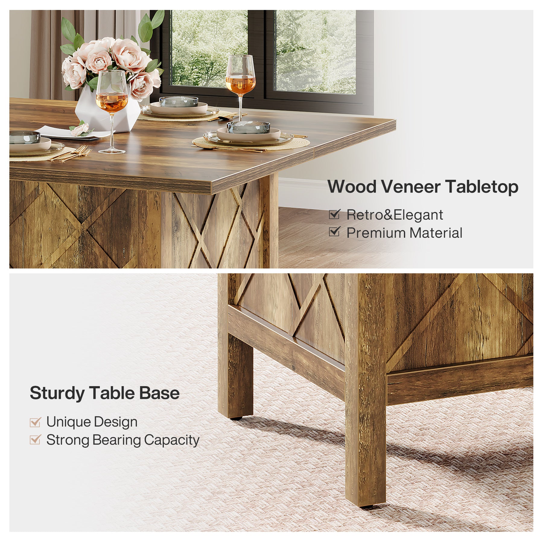 100 cm Landelijke Eettafel, Vierkante Houten Tafel met Stevig Frame voor Eetkamer