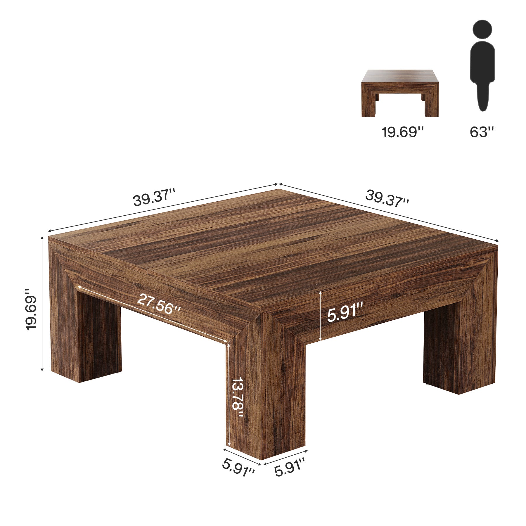 Vierkante Salontafel van 100 cm in Landelijke Stijl, Lage Stevige Centertafel voor Woonkamer in Rustiek Bruin