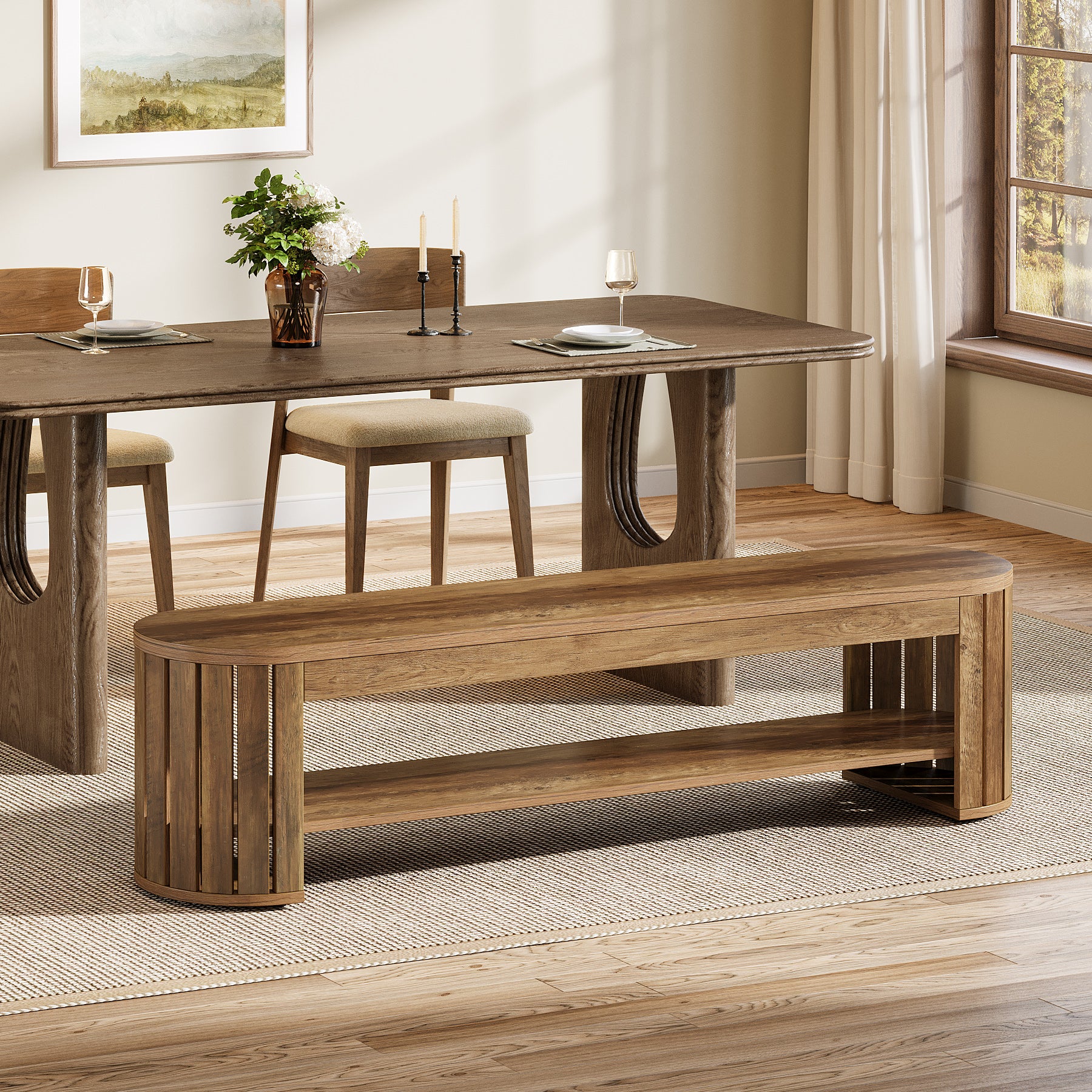 160 cm Houten Eetbank in Boerderijstijl, Landelijke Entree- en Eetkamerbank met Gebogen Lattenpoten