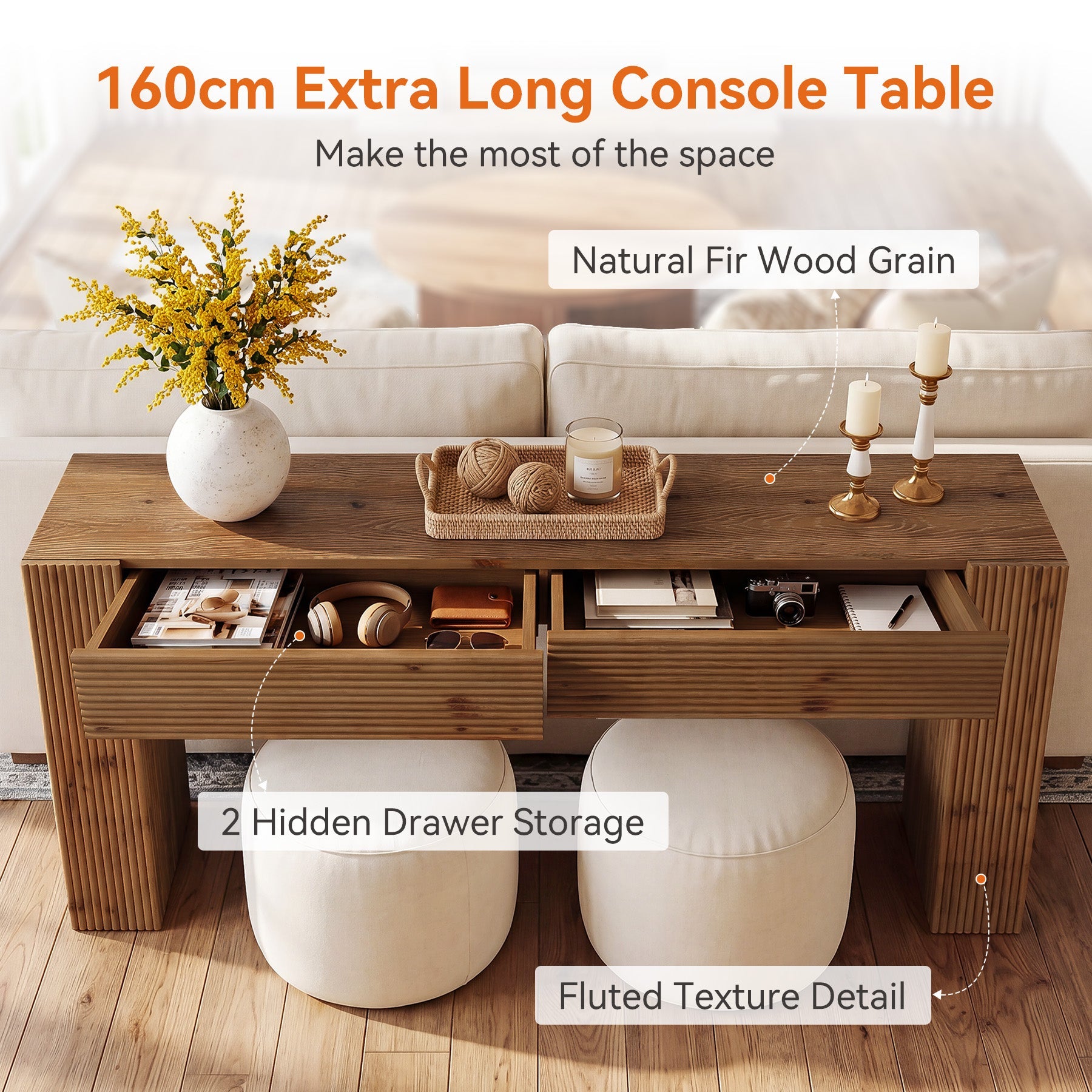 Tribesigns massief houten consoletafel van 160 cm met 2 lades, haltafel met geribbelde afwerking