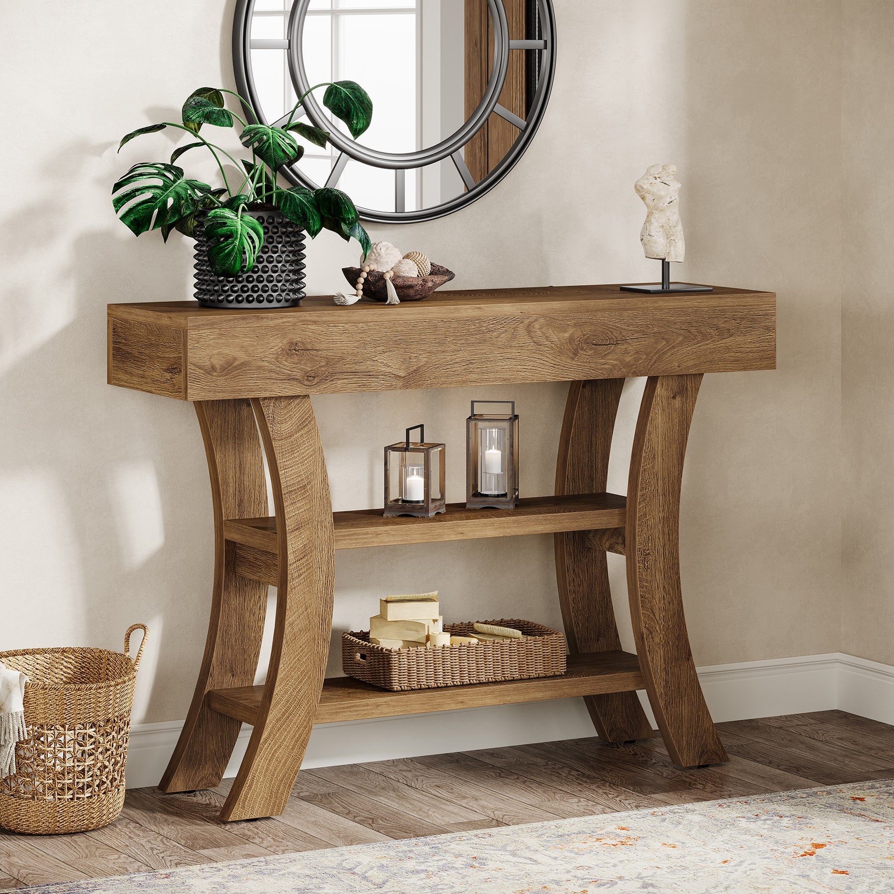 105 cm Landelijke Consoletafel, Drieplanken Salontafel met Gebogen Frame voor Hal