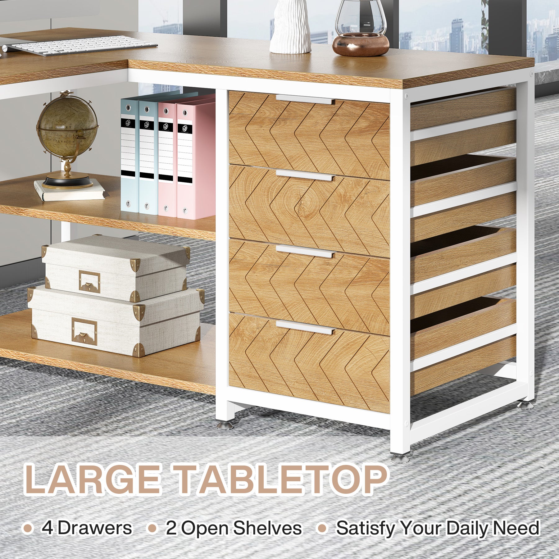 150 cm L-vormig Bureau, Met 4 Laden en 2 Planken voor Kantoor en Werkkamer