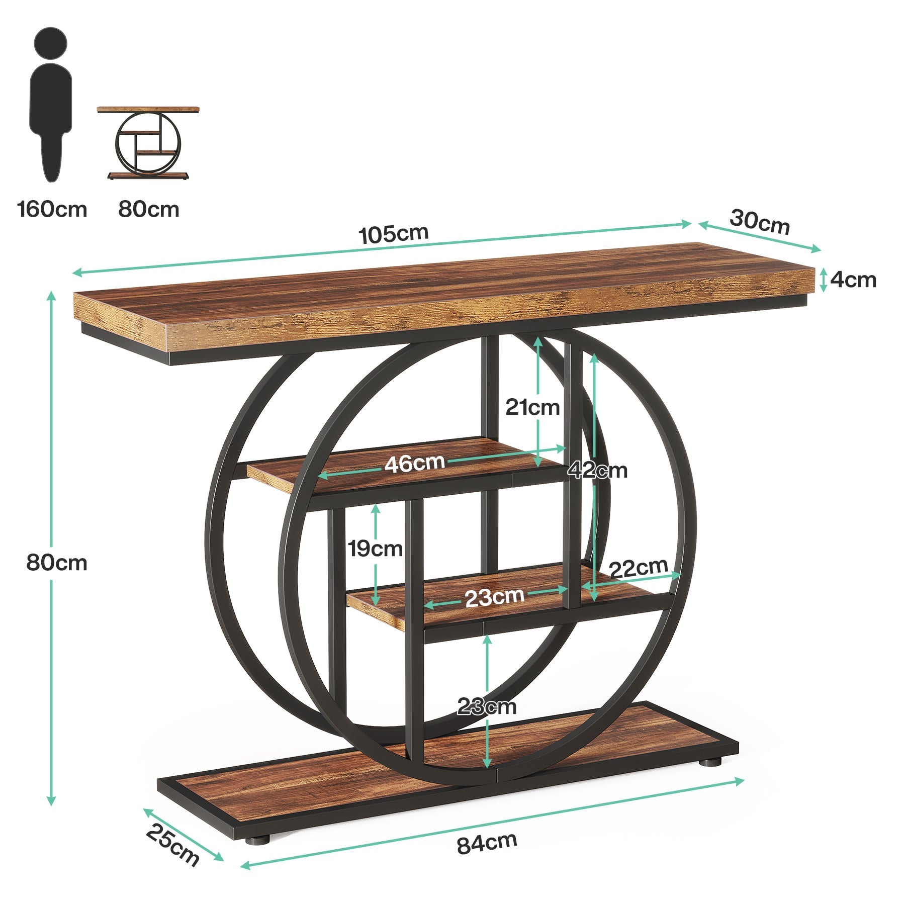 105 cm Industriële Console, 4 Planken met Ronde Basis voor Hal en Woonkamer