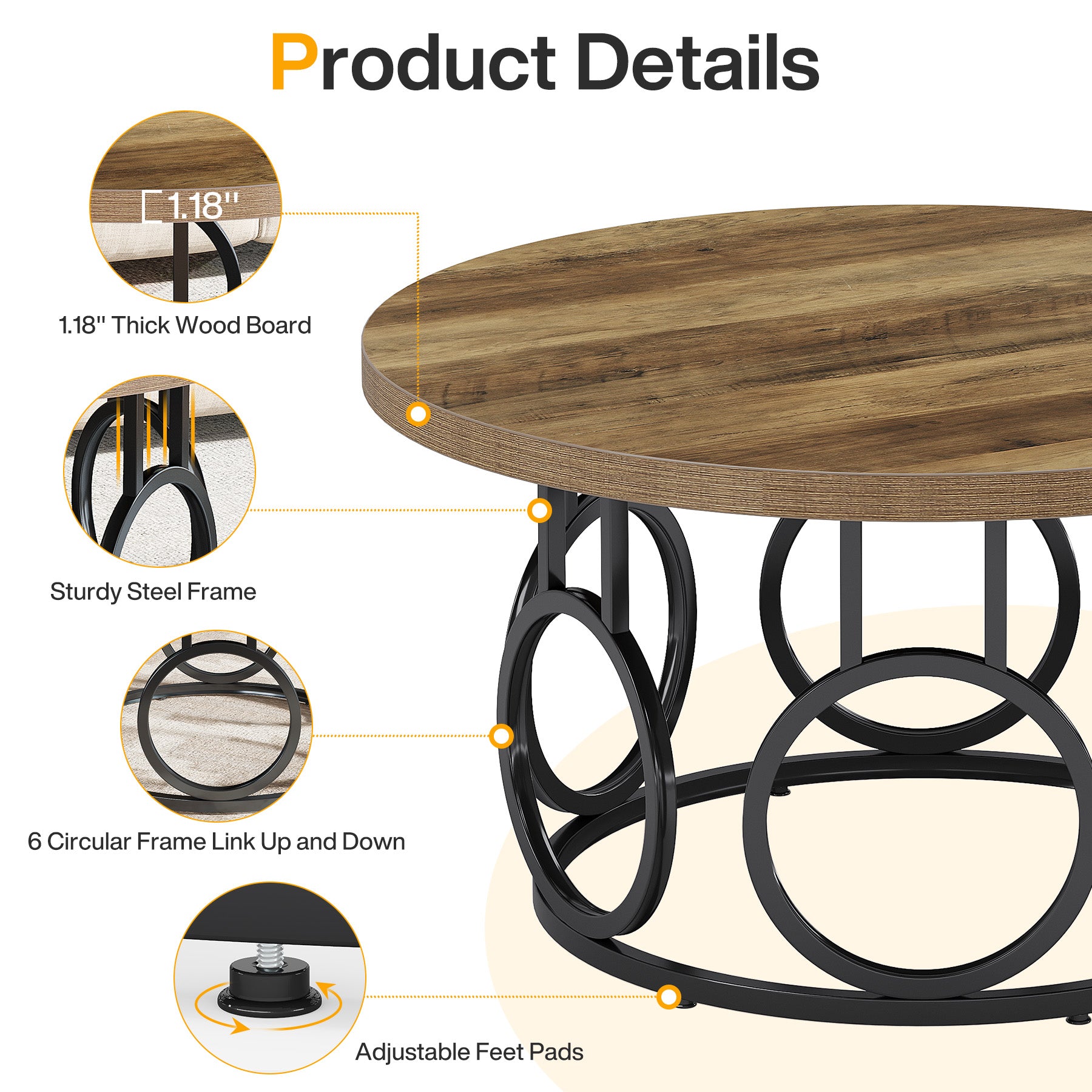 Ronde Salontafel 80 × 80 × 45 cm in Rustiek Hout, Moderne Industriële Tafel met Metalen Onderstel