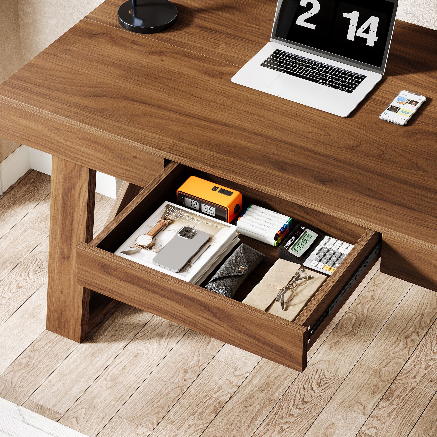 140 cm Bredere Bureau, Retro Houten Bureau met Laden voor Thuiswerk en Kantoor