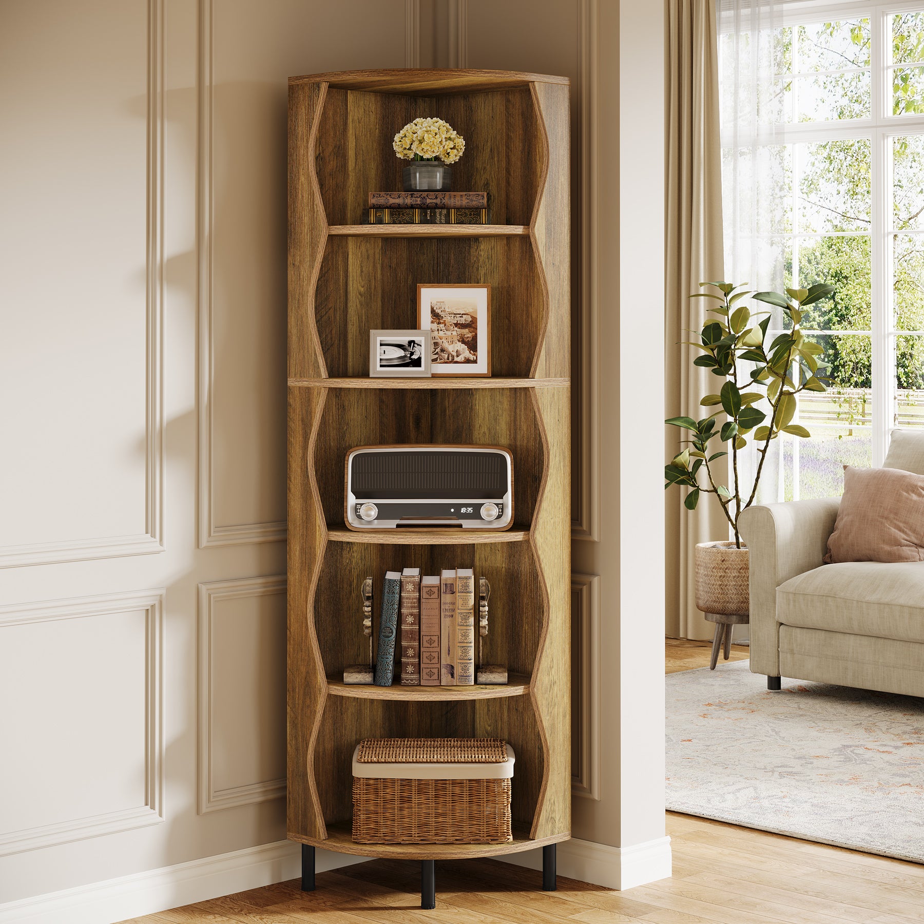 182 cm Hoge Hoekkast, Vijfplanken Opbergmeubel voor Woonkamer en Slaapkamer
