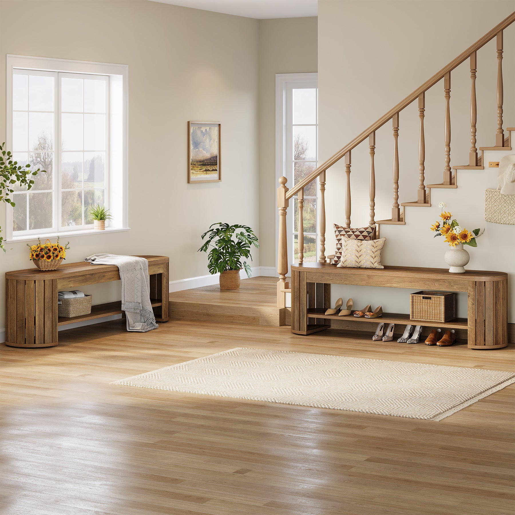 160 cm Smalle 2-Laagse Schoenenbank met Gebogen Lattenpoten