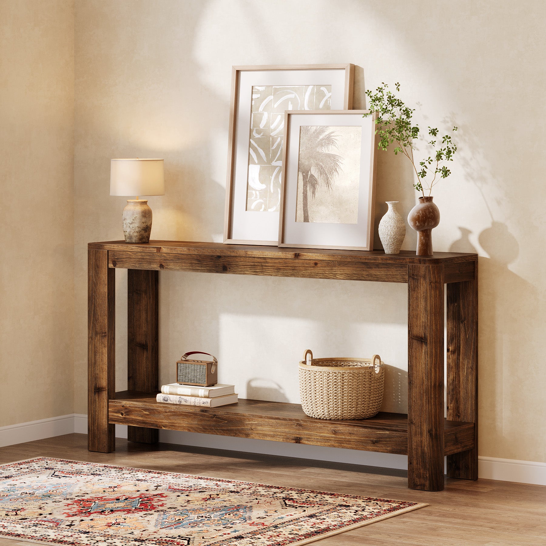 160 cm Massief Houten Consoletafel, Smalle Farmhouse Sidetable met Rek