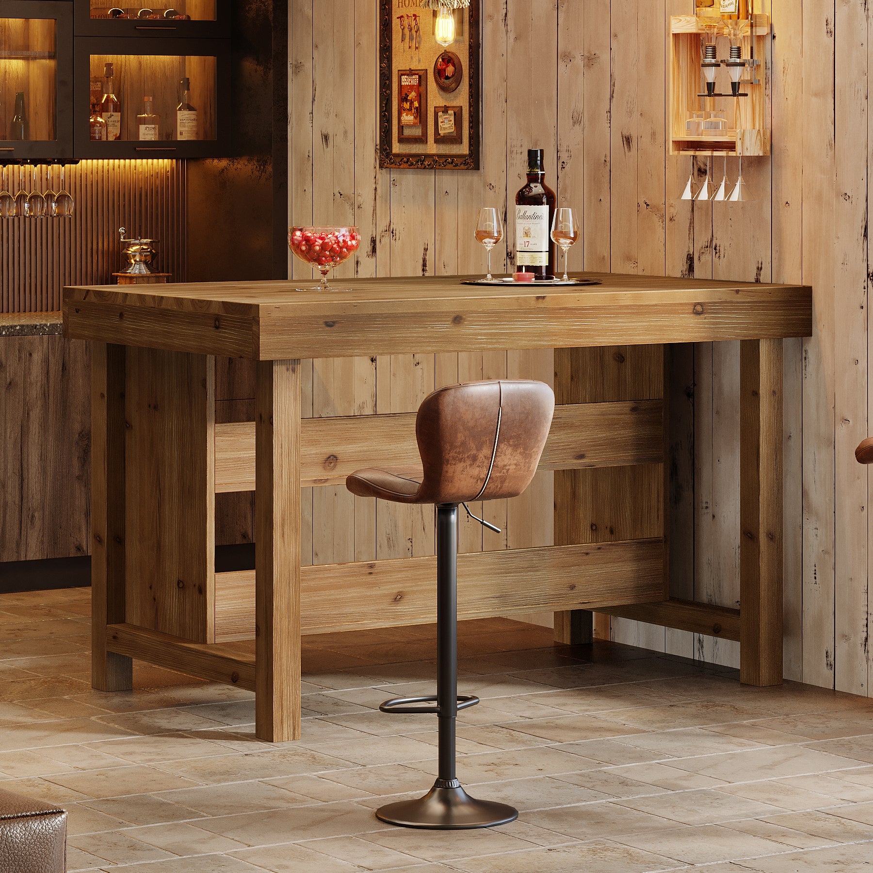 140 cm landelijke bartafel, 3-laags barunit van massief hout met open opbergplanken