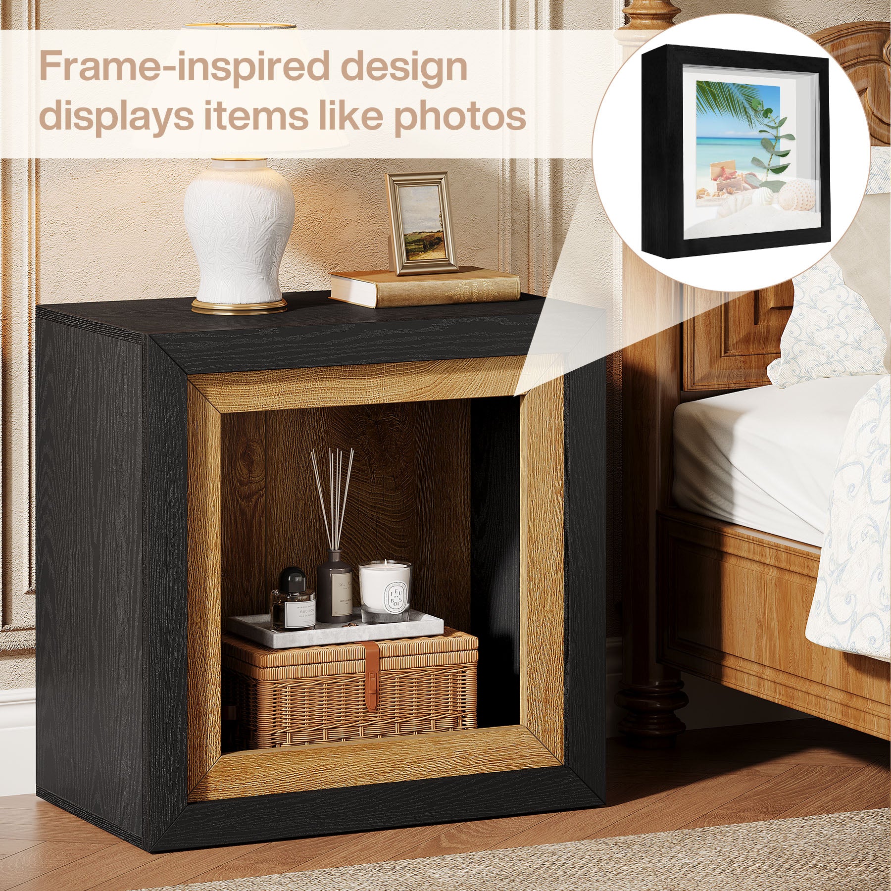 60 cm Nachtkastje, Houten Kubus Bedside Tafel met Frame-Geïnspireerd Ontwerp