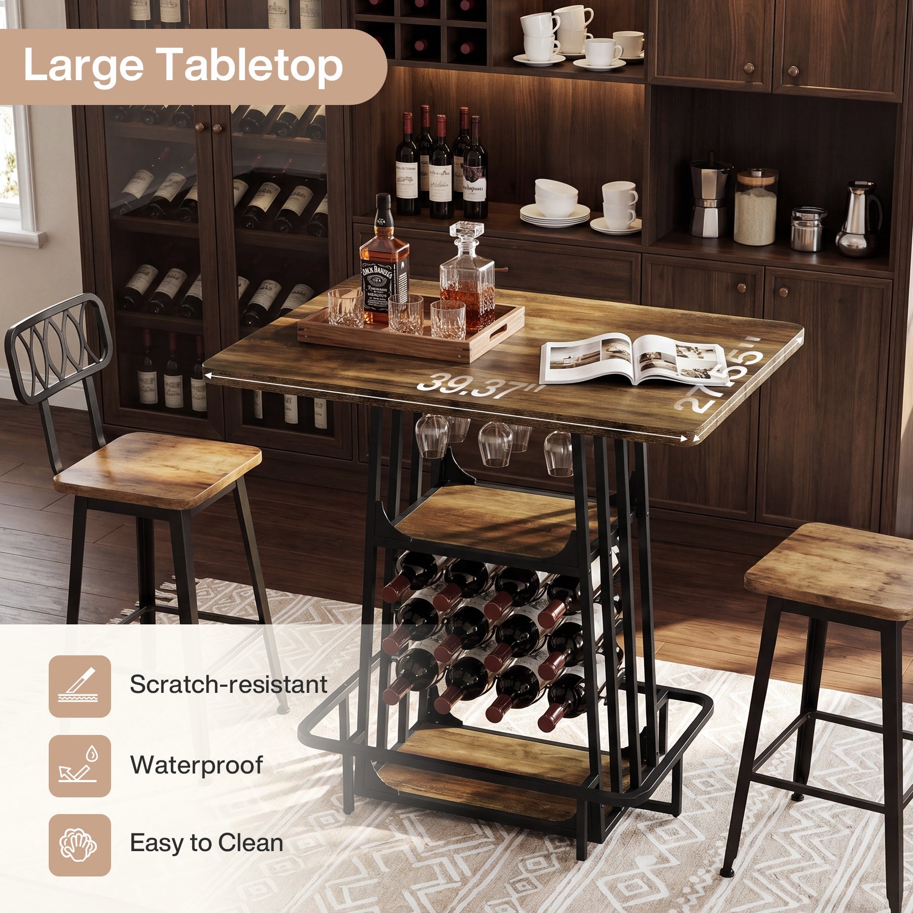 100 cm Bartafel met Opbergruimte, 3-laags Pubtafel op Bardhoekhoogte met Glashouder & Wijnrek