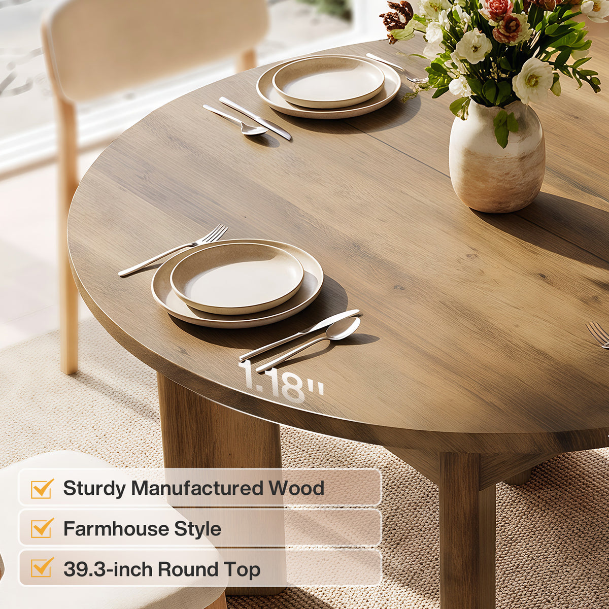100 cm ronde eettafel voor 4 personen met dikke gebogen poten, compacte keukentafel in landelijke stijl voor eetkamer