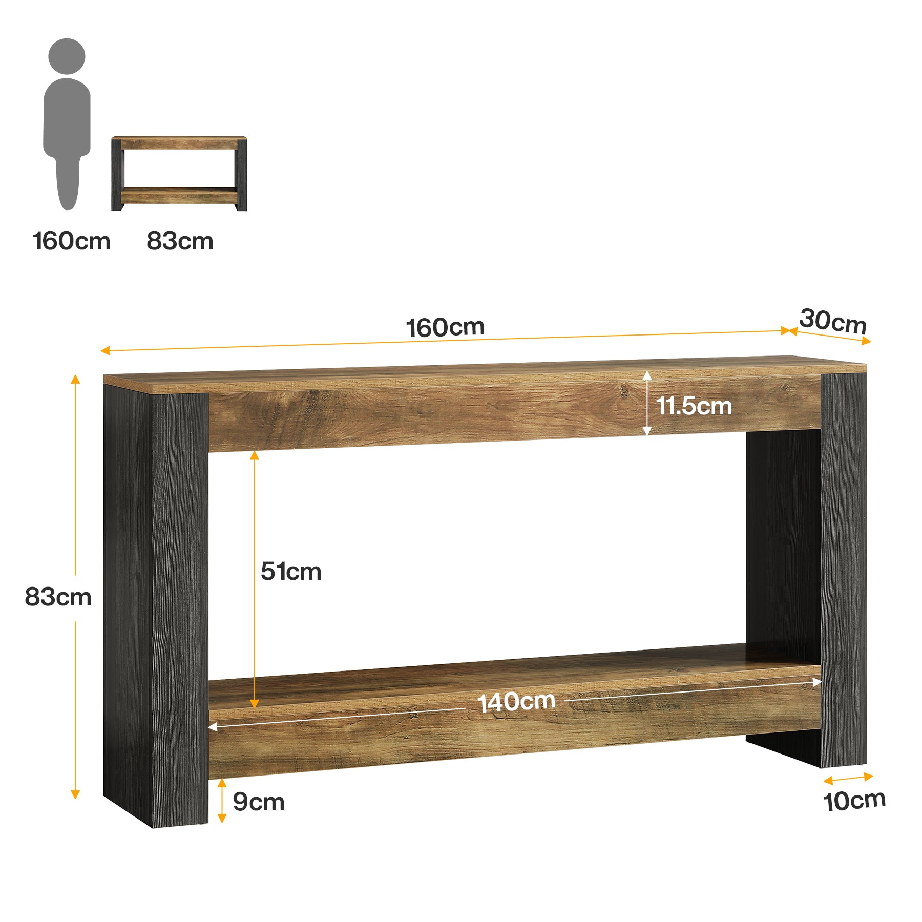 160 cm Landelijke Consoletafel in Rustiek Bruin en Zwart, Houten Sofa- en Haltafel voor Woonkamer en Entree