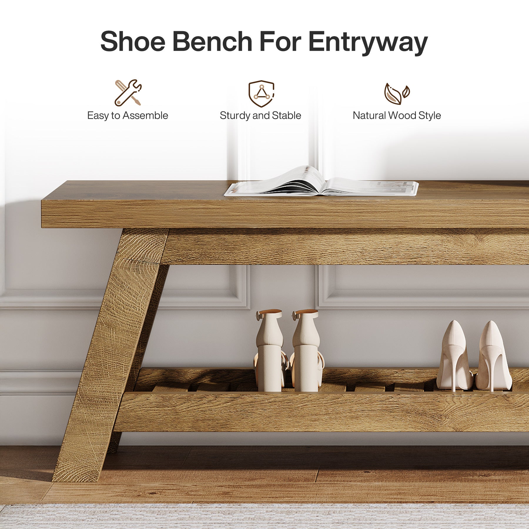 140 cm Houten Bank voor Entree, 2-Laagse Smalle Opbergbank met Open Planken voor Hal
