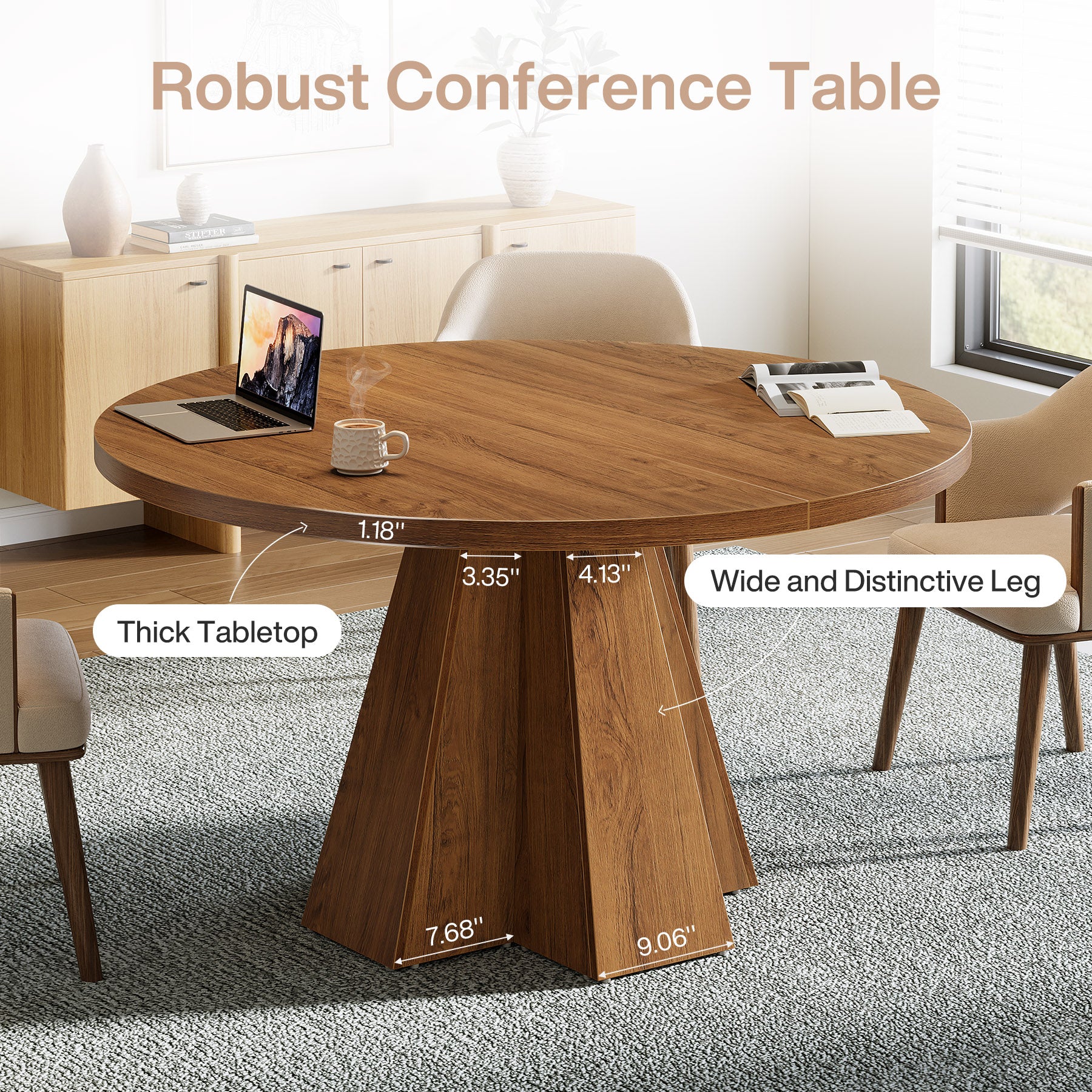 Tribesigns Ronde Conferentietafel 118 cm met Dik Tafelblad, Compacte Vergadertafel met Taps Toelopende Basis voor Kantoor en Kleine Ruimtes
