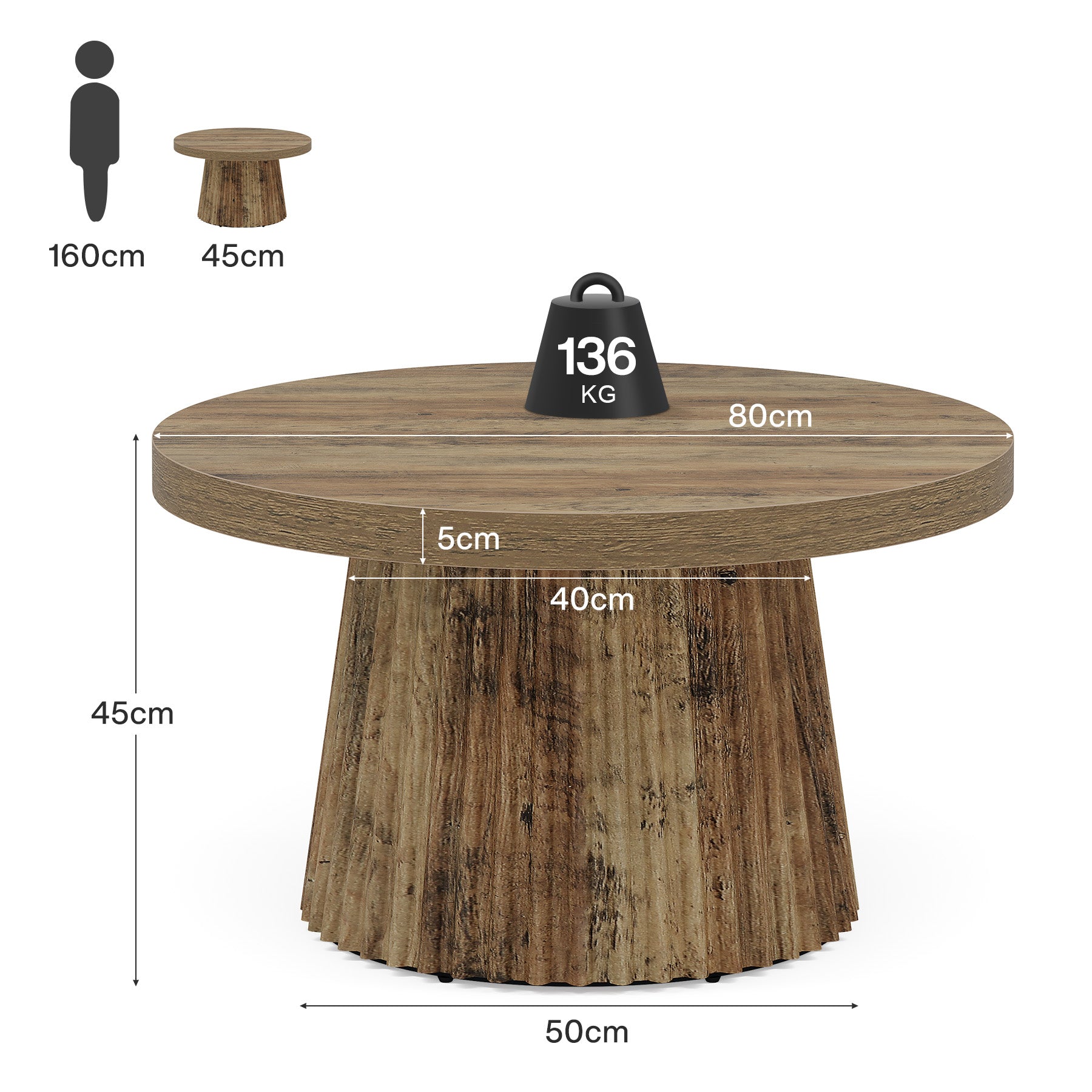 80 cm Ronde Landelijke Salontafel met Gegroefde Trommelvoet, Mid-Century Accent Tafel
