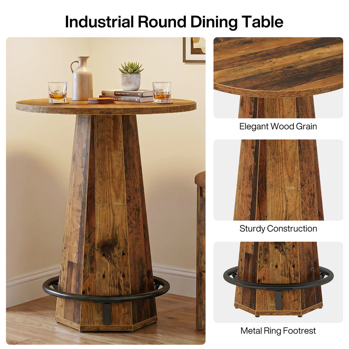 100 cm Ronde Bartafel voor 2 Personen, Industriële Eettafel met Voetenring