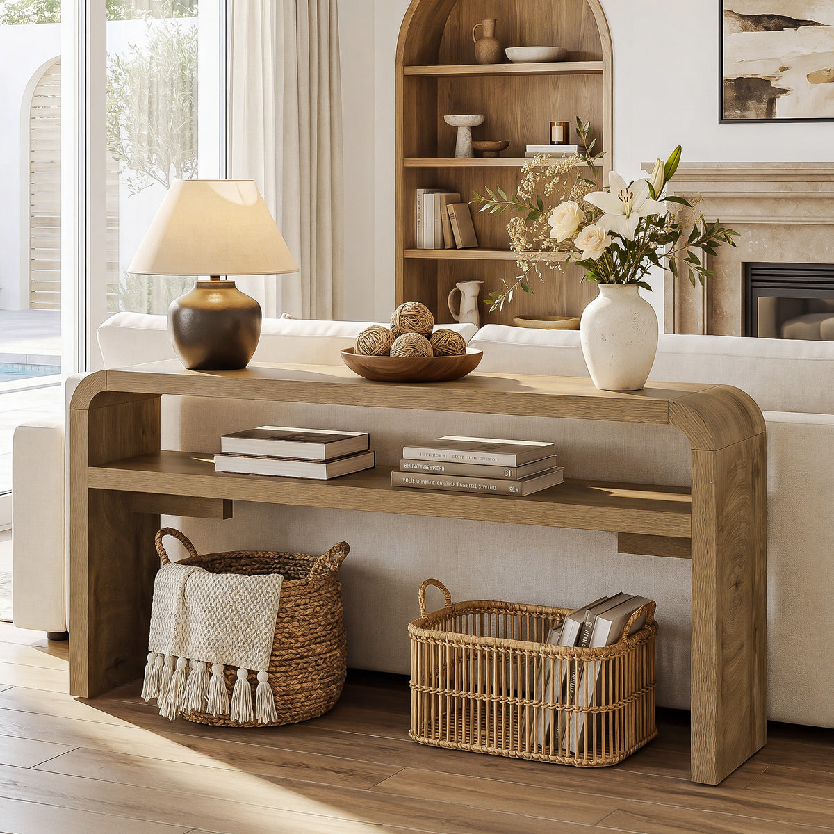 160 cm smalle consoletafel met 2-laags open opbergrek en landelijke houtlook, haltafel voor woonkamer en entree