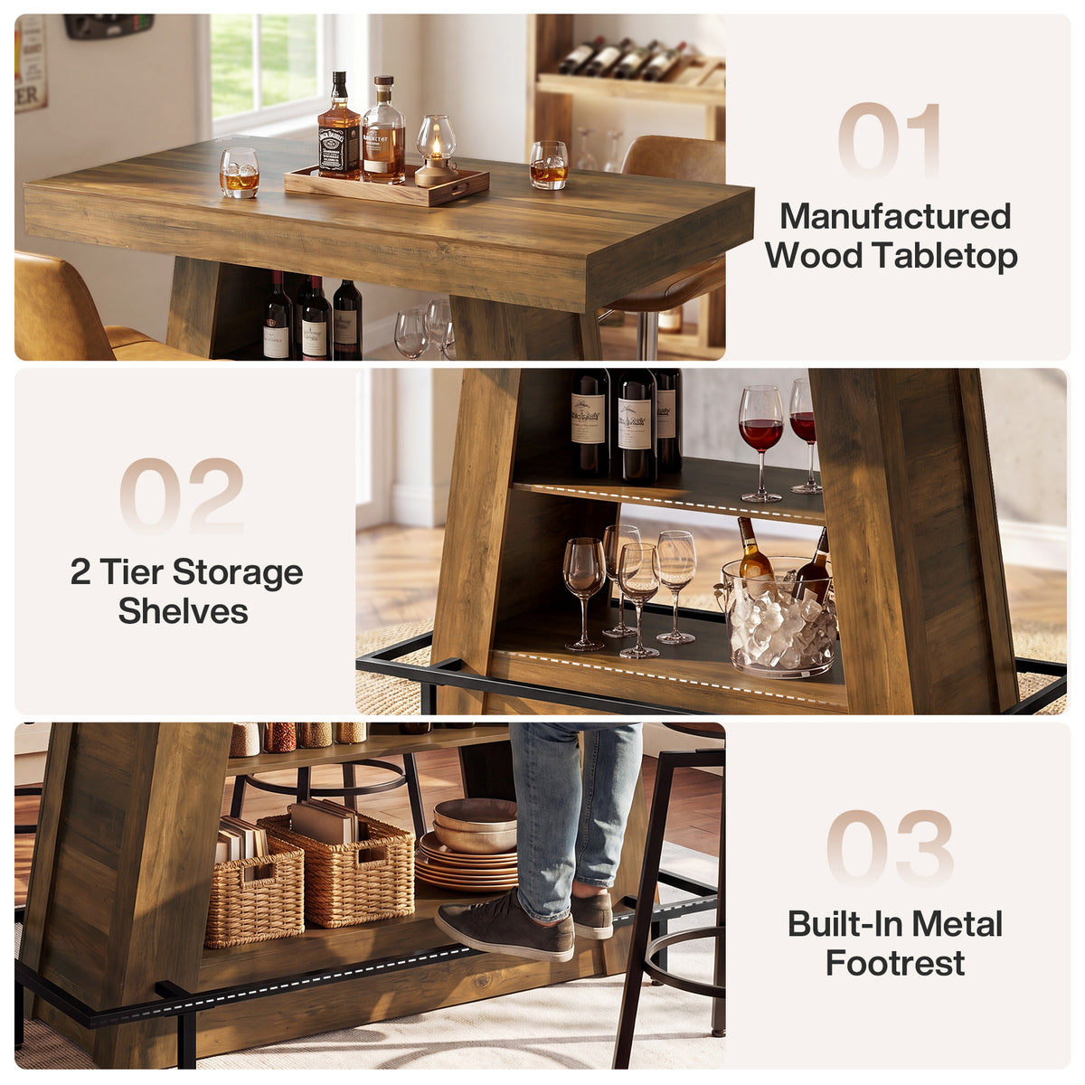 120 cm Tribesigns hoge bartafel met 3 opbergplanken, industriële keukentafel met voetsteun voor eetkamer