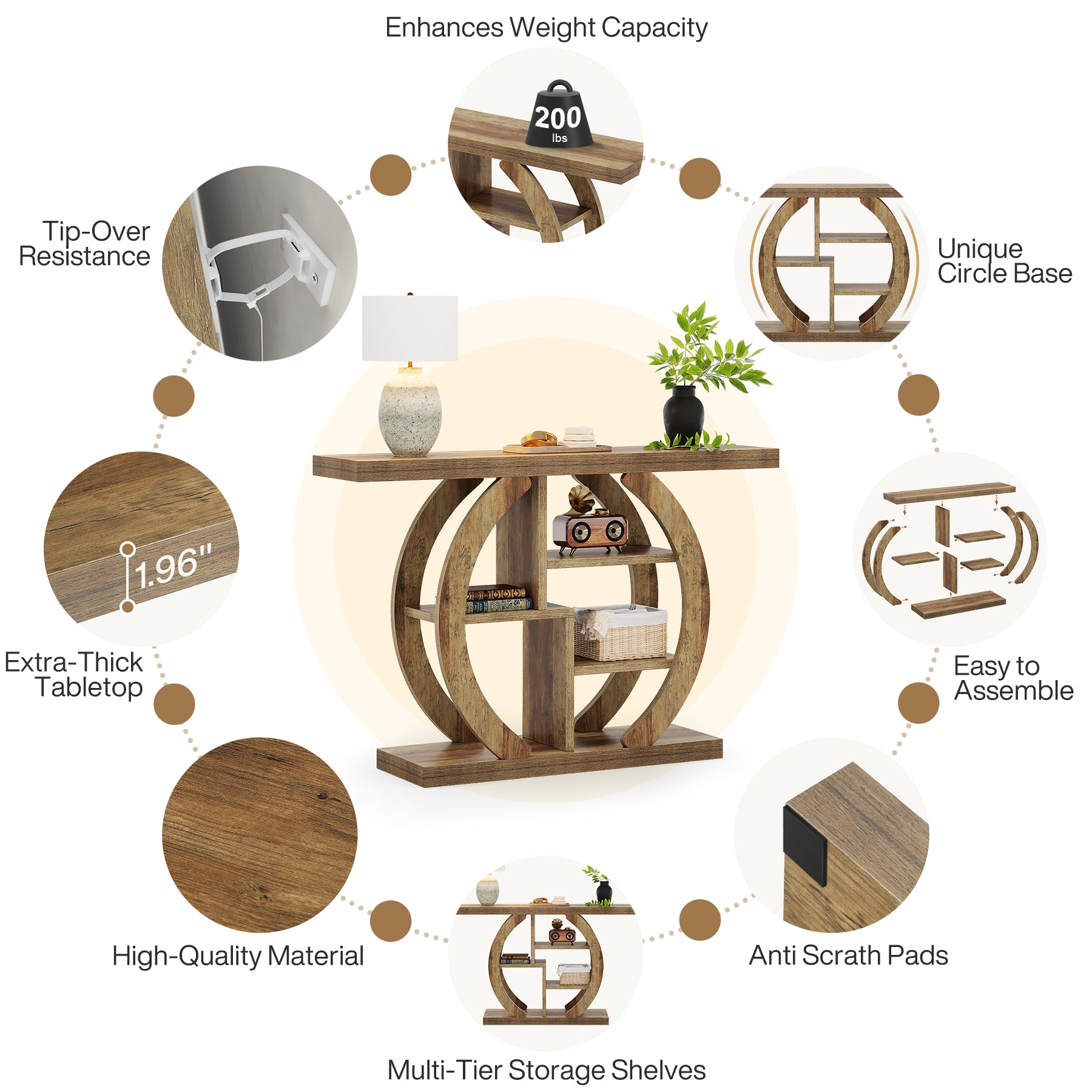 108 cm Houten Consoletafel met 4 Lagen Opslag en Cirkelvormige Basis