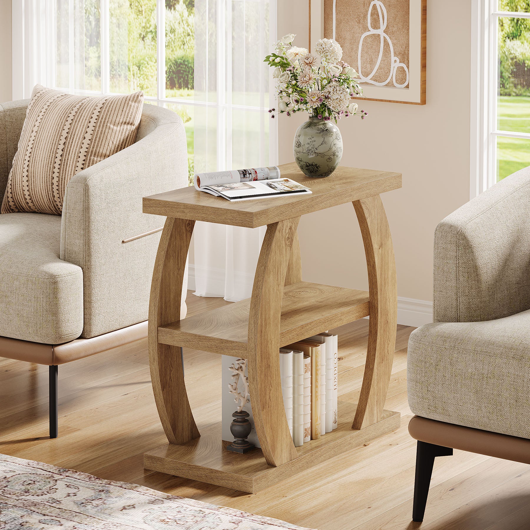 80 cm Hoge Bijzettafel voor Woonkamer, 3-Tier Smalle Tafel met Opbergruimte