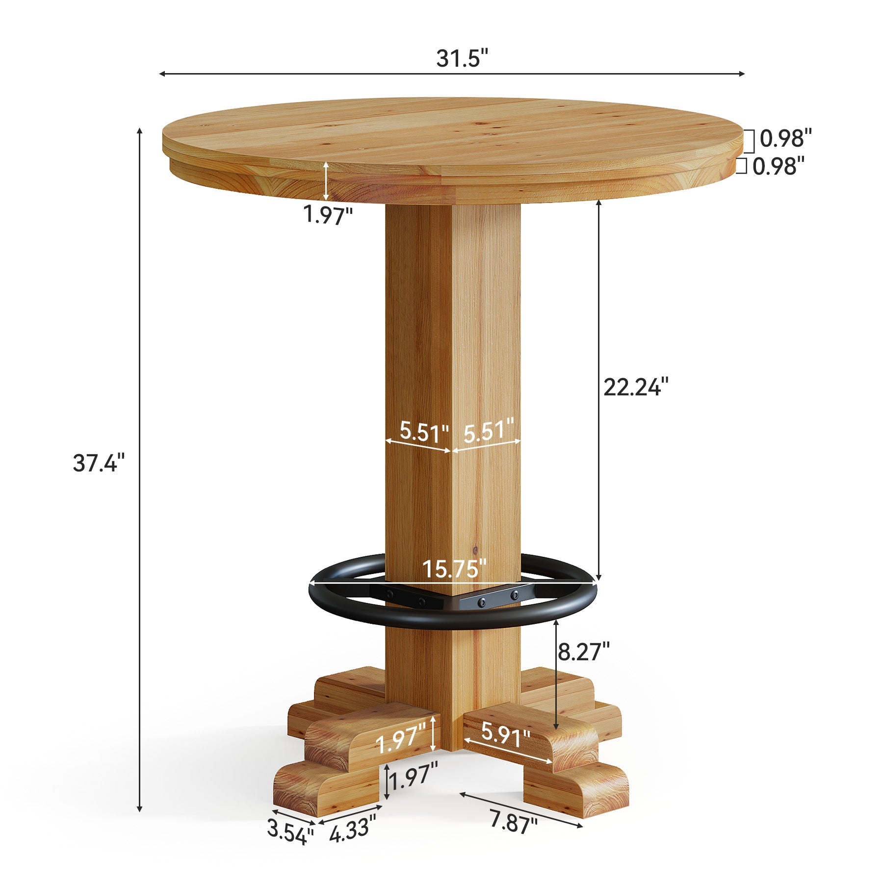 Ronde bartafel van massief hout, 95 cm hoge bistrotafel met metalen voetsteun