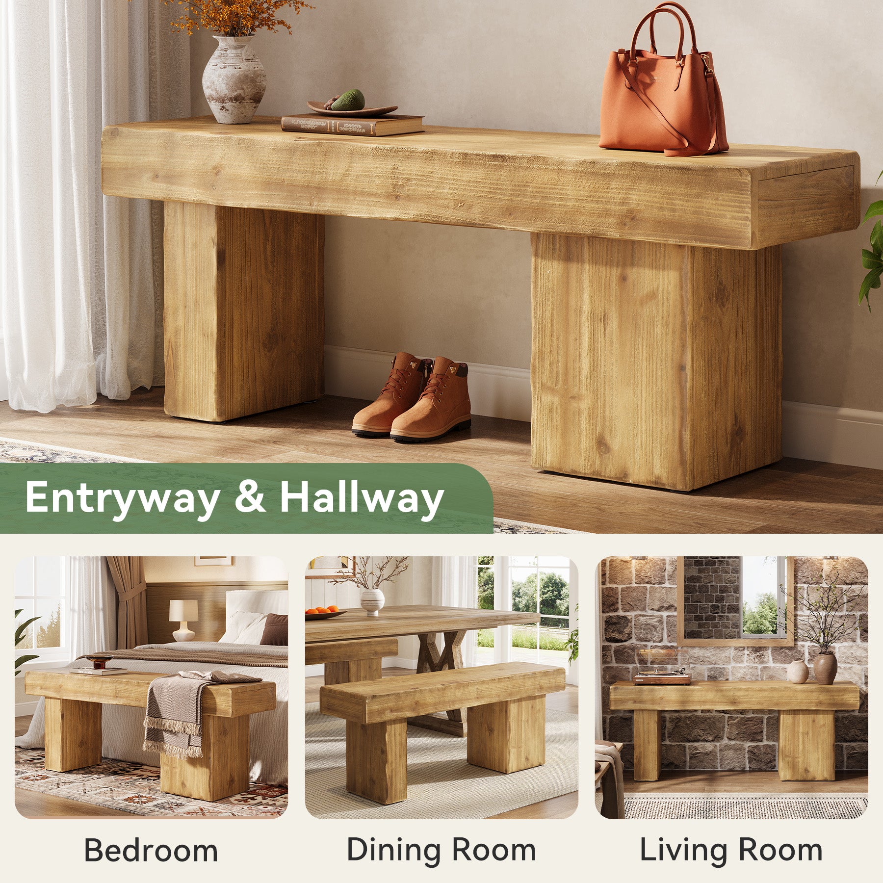 Tribesigns 119 cm massief houten halbank, farmhouse zitbank met dikke zitting