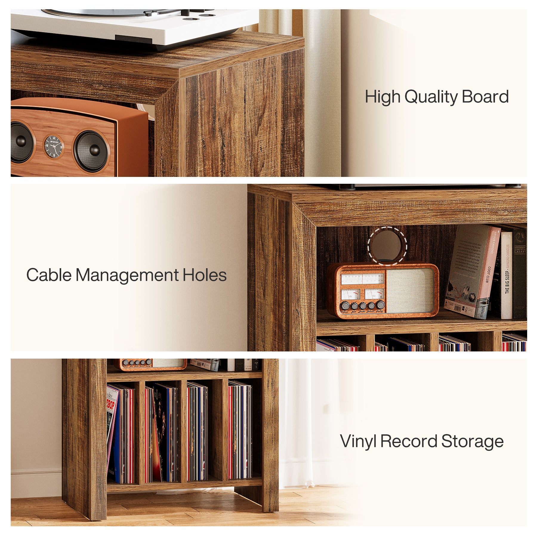 60 cm Vinylplaten Bijzettafel met 3 Etages, Industrieel Opbergmeubel in Rustiek Bruin