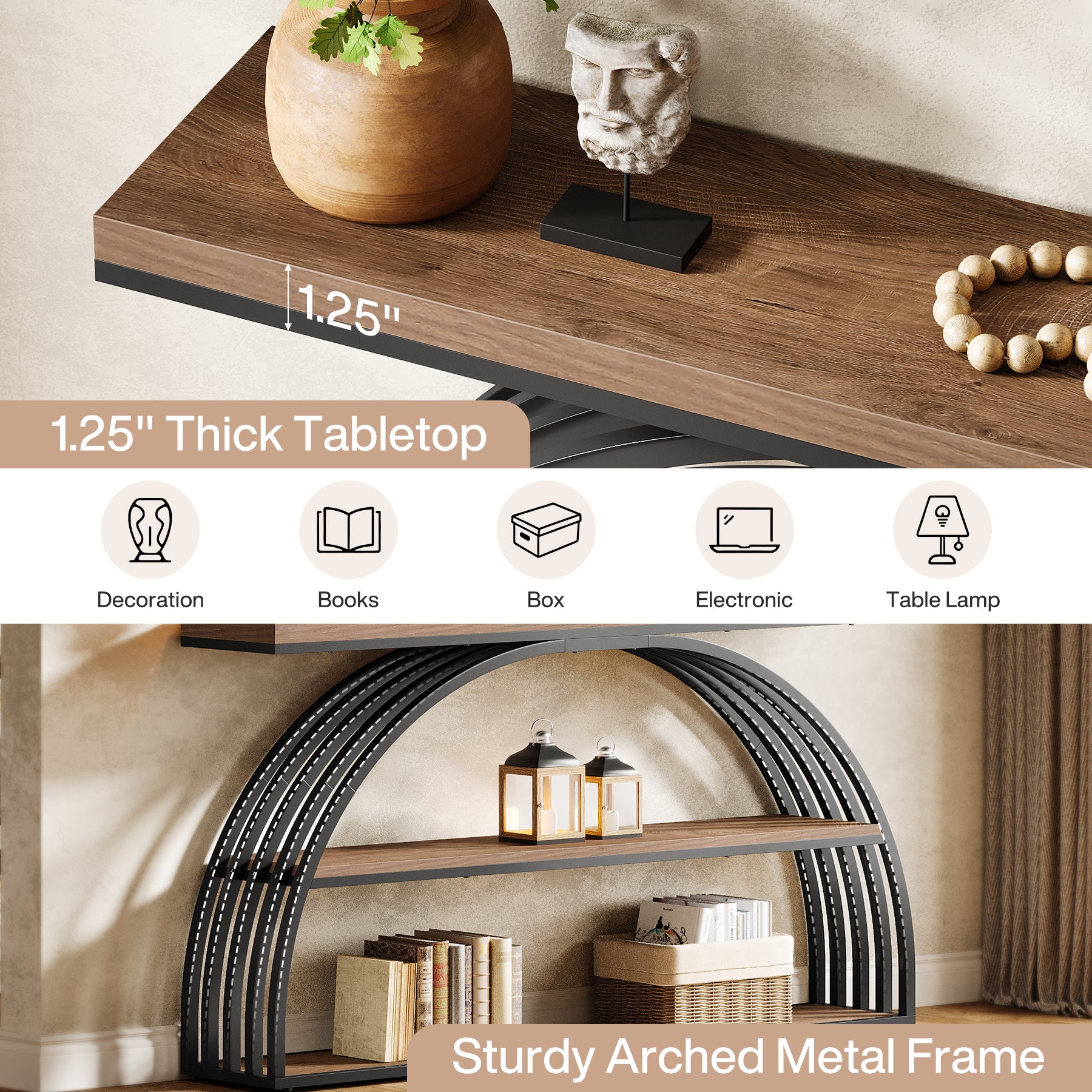 Consoletafel van 160 cm in Rustiek Bruin met Gebogen Frame, Industriële 3-Lagen Hal- en Banktafel voor Woonkamer en Entree