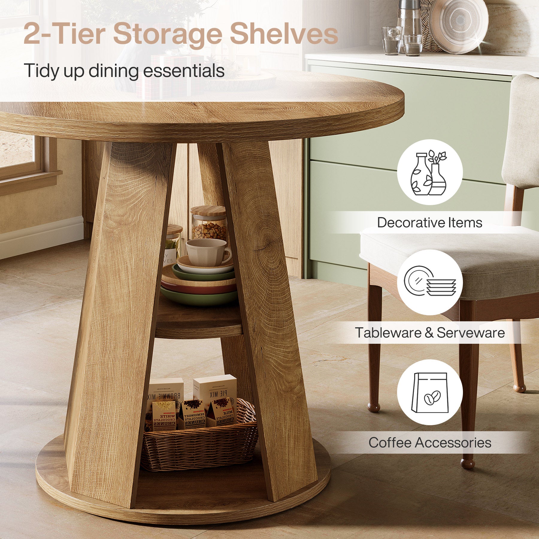 80 cm Ronde Eettafel voor 2-4 Personen, Kleine Boerenkeuken Tafel met 2-Tier Opberplank