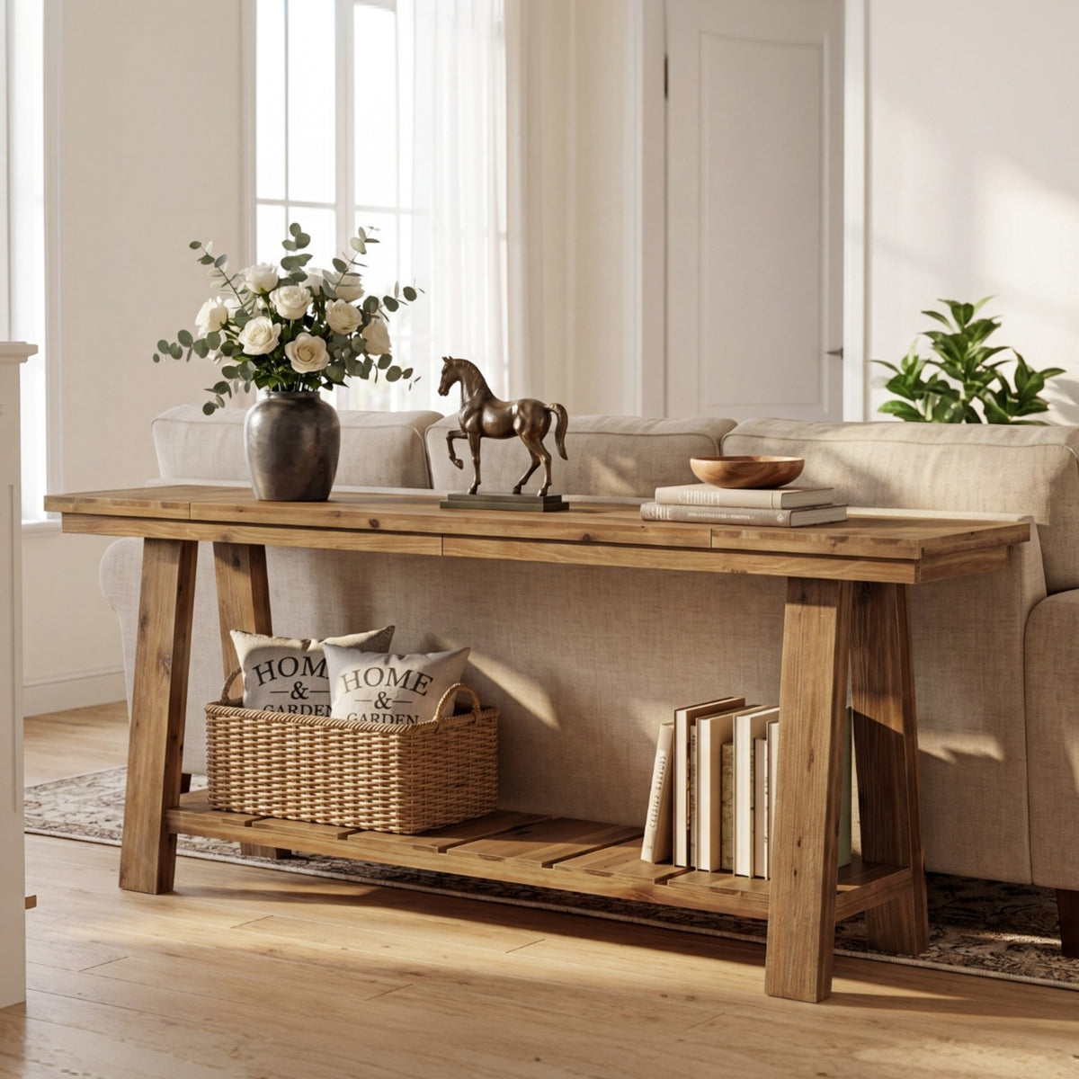 200 cm Tribesigns houten consoletafel met 2 niveaus, lange haltafel met opbergruimte voor woonkamer en hal