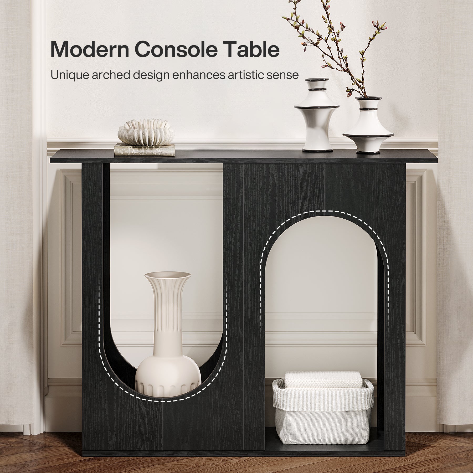 90 cm Zwarte Banktafel, Smalle Consoletafel met Gebogen Design voor Entree en Woonkamer