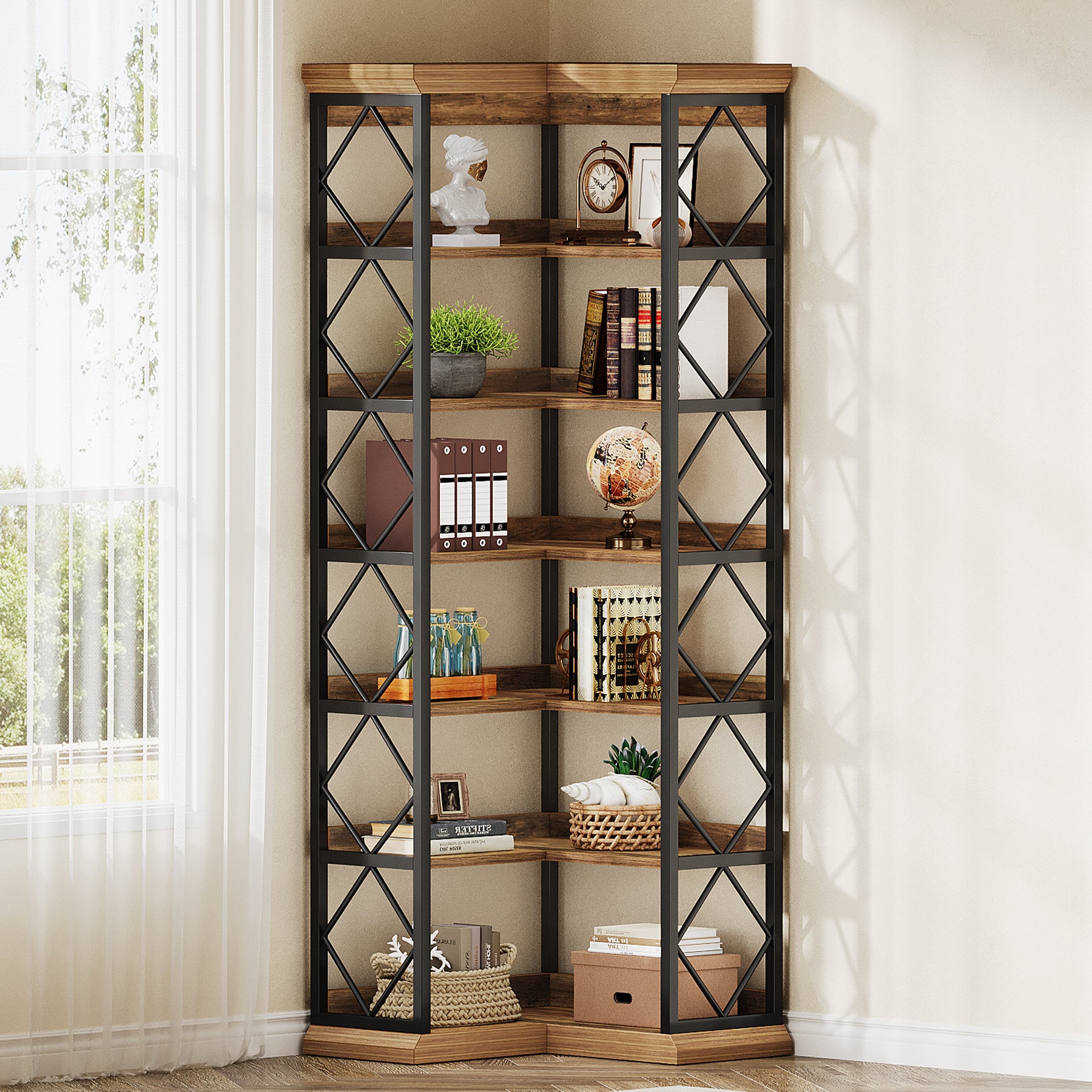 184 cm Hoge Hoekboekenkast, 6-Laags L-Vormige Boekenkast met Opbergruimte voor Woonkamer