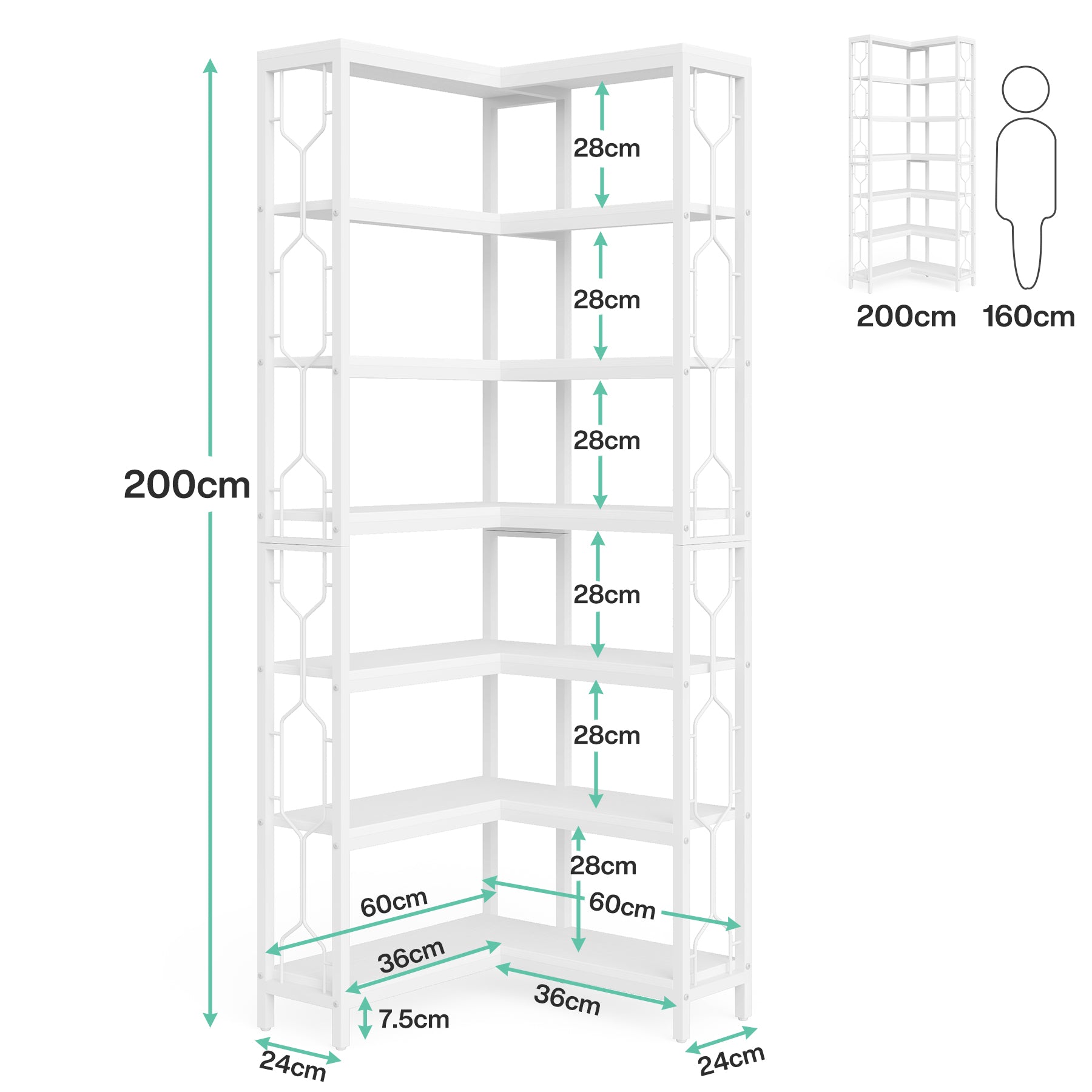 200 cm Hoge Industriële Hoekkast, 7-Lags Hoekwandplanken in Rustiek Bruin voor Woonkamer en Kantoor