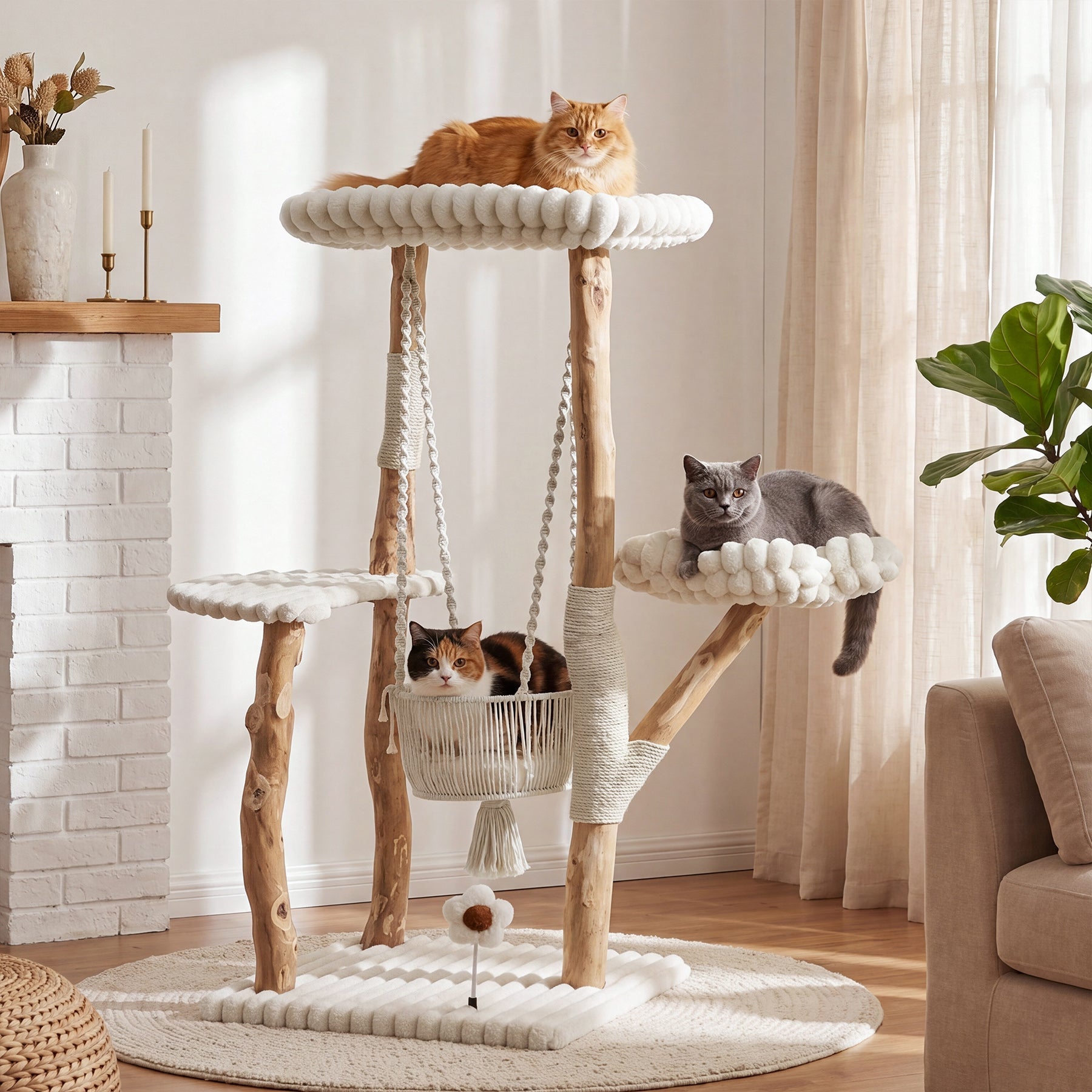 Tribesigns kattenboom van massief hout – 130 cm krabpaal met hangmat, ligvlakken en wasbare kussens